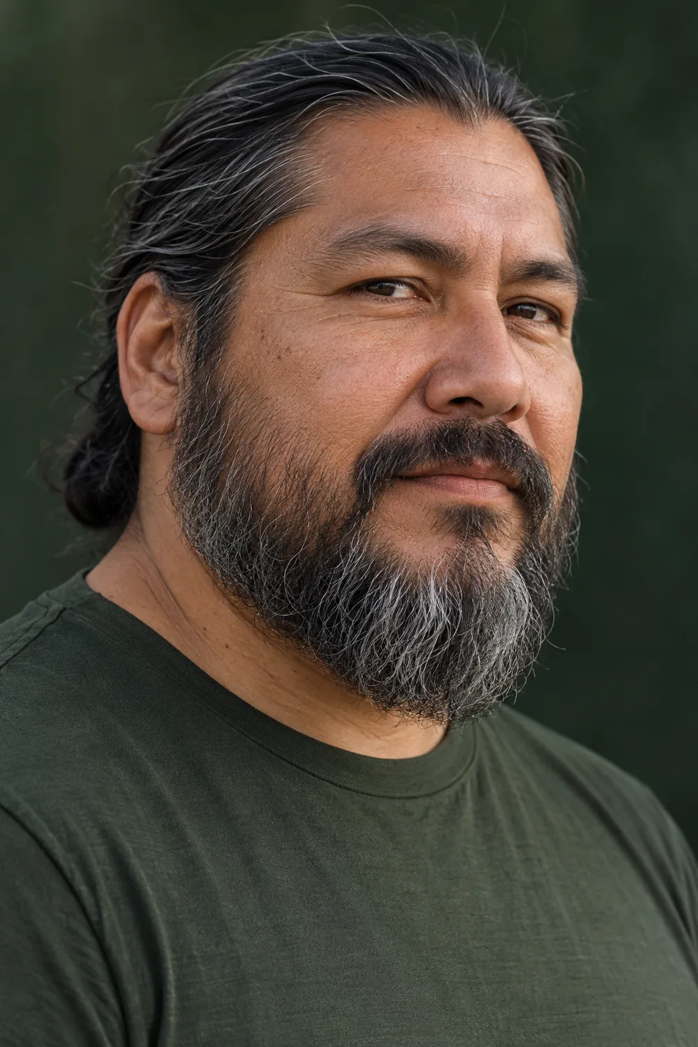 Three-quarter portrait of an adult man with a full salt-and-pepper medium beard, connected mustache, soft cheek line, and natural neckline, wearing a forest-green shirt.