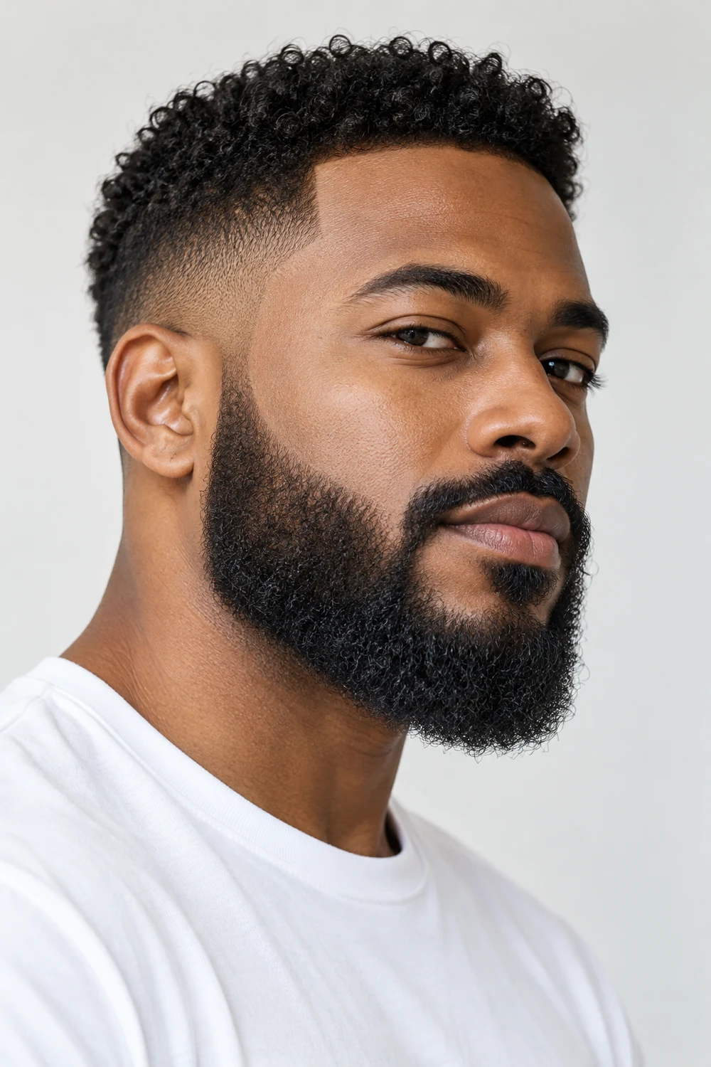 Three-quarter portrait of an adult Black man with tightly curled hair, faded sideburns blending into a full medium-length beard, and a compact connected mustache, wearing a white shirt.