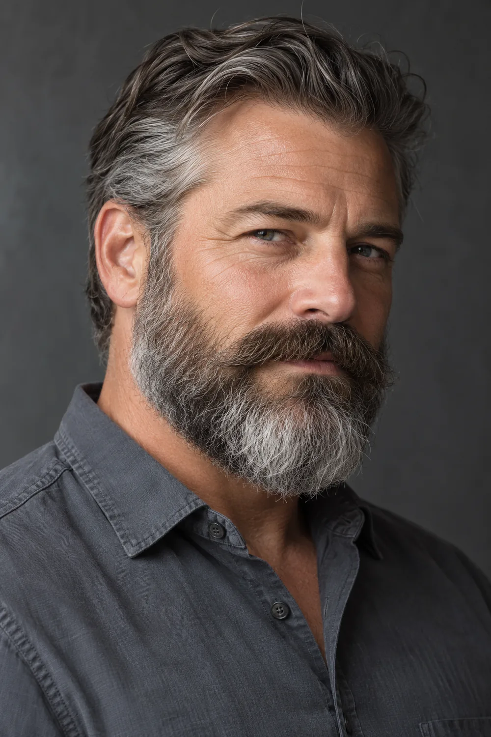 Adult man in a three-quarter portrait with a dense, wavy salt-and-pepper medium beard, rounded chin and broad connected mustache.