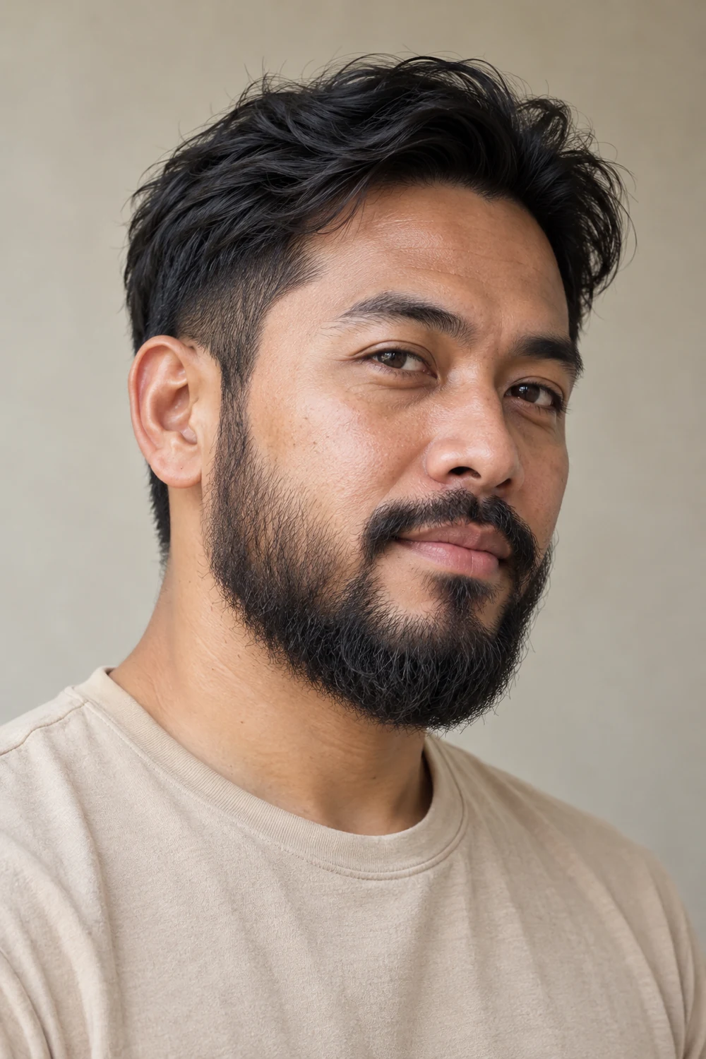 Three-quarter portrait of an adult Southeast Asian man with a dense medium-length dark beard, rounded chin, soft cheek line, and shorter connected mustache, wearing a beige shirt.