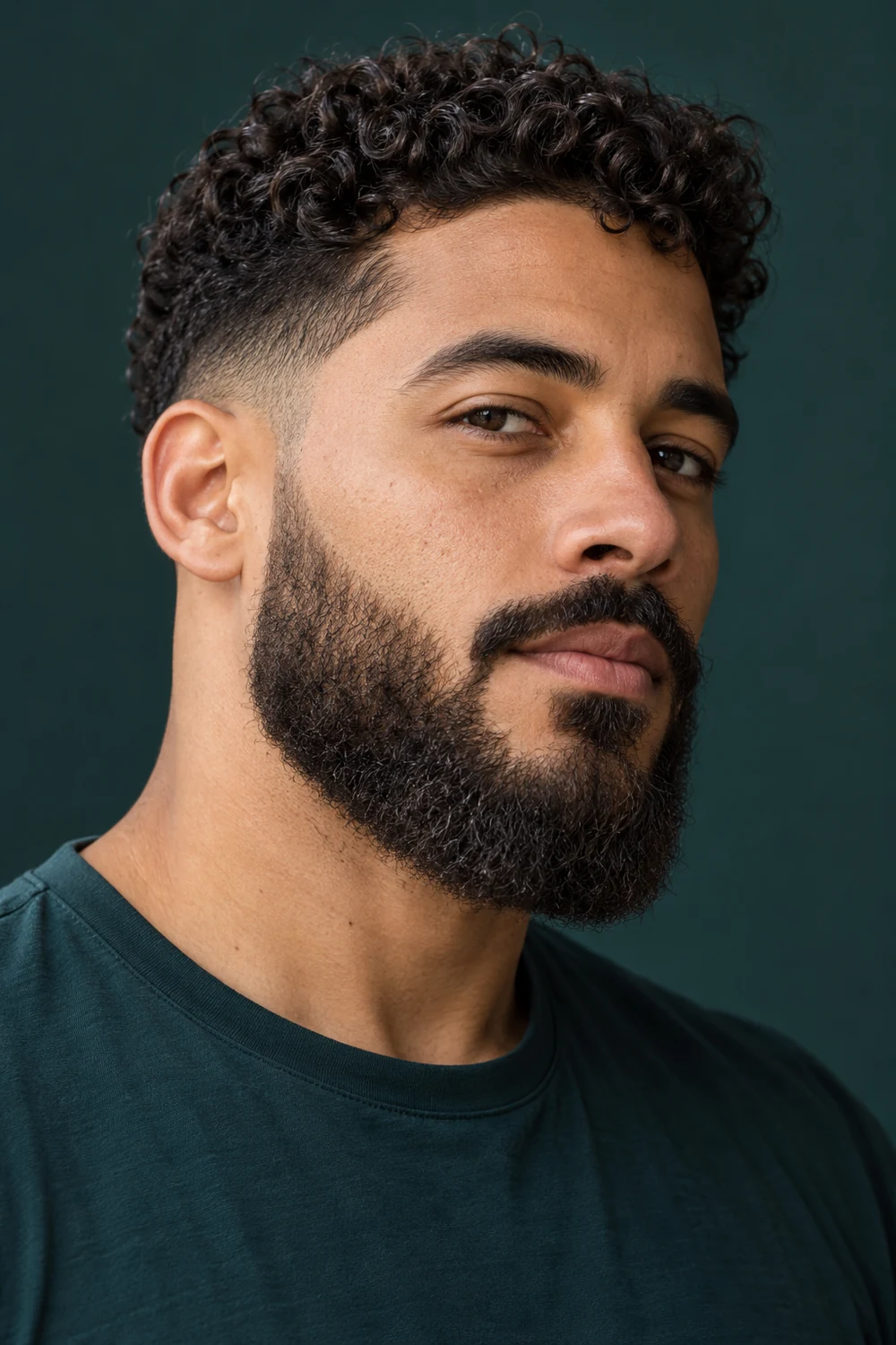 Three-quarter portrait of an adult man with a dense curly medium-length beard, squared chin, tapered sideburns, and narrow shaved gaps separating the mustache from the beard.