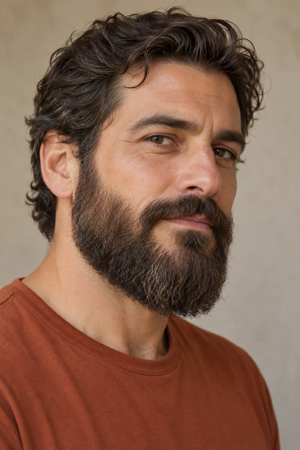 Three-quarter portrait of an adult man wearing a coarse, dark-brown medium-length beard with a rounded chin, softly irregular cheek line, connected mustache, and rust shirt.