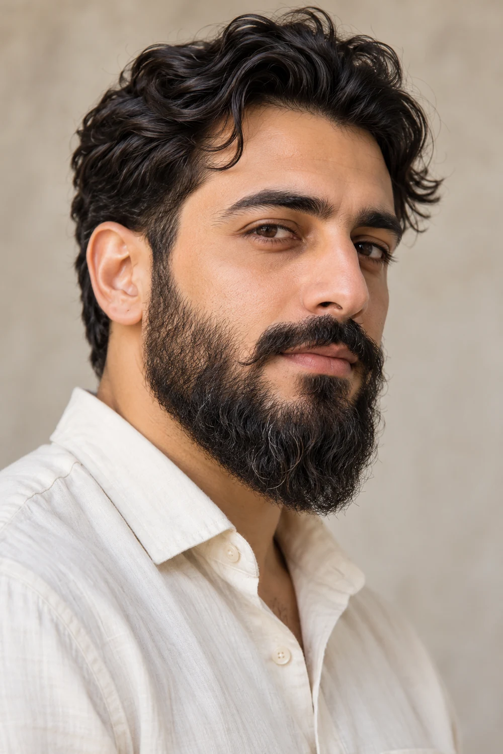 Adult man in three-quarter view with a full medium-length wavy beard, softly rounded pointed chin and connected mustache, wearing a cream shirt.
