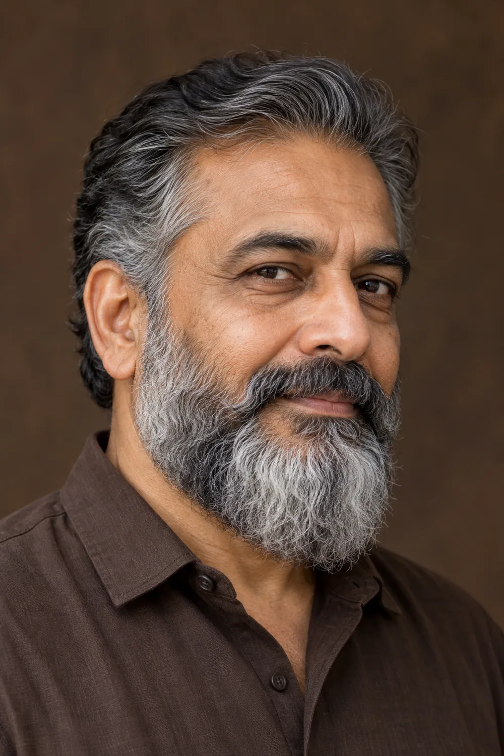 Mature South Asian man in a dark brown shirt with a full medium-length salt-and-pepper beard, rounded chin, and connected mustache.