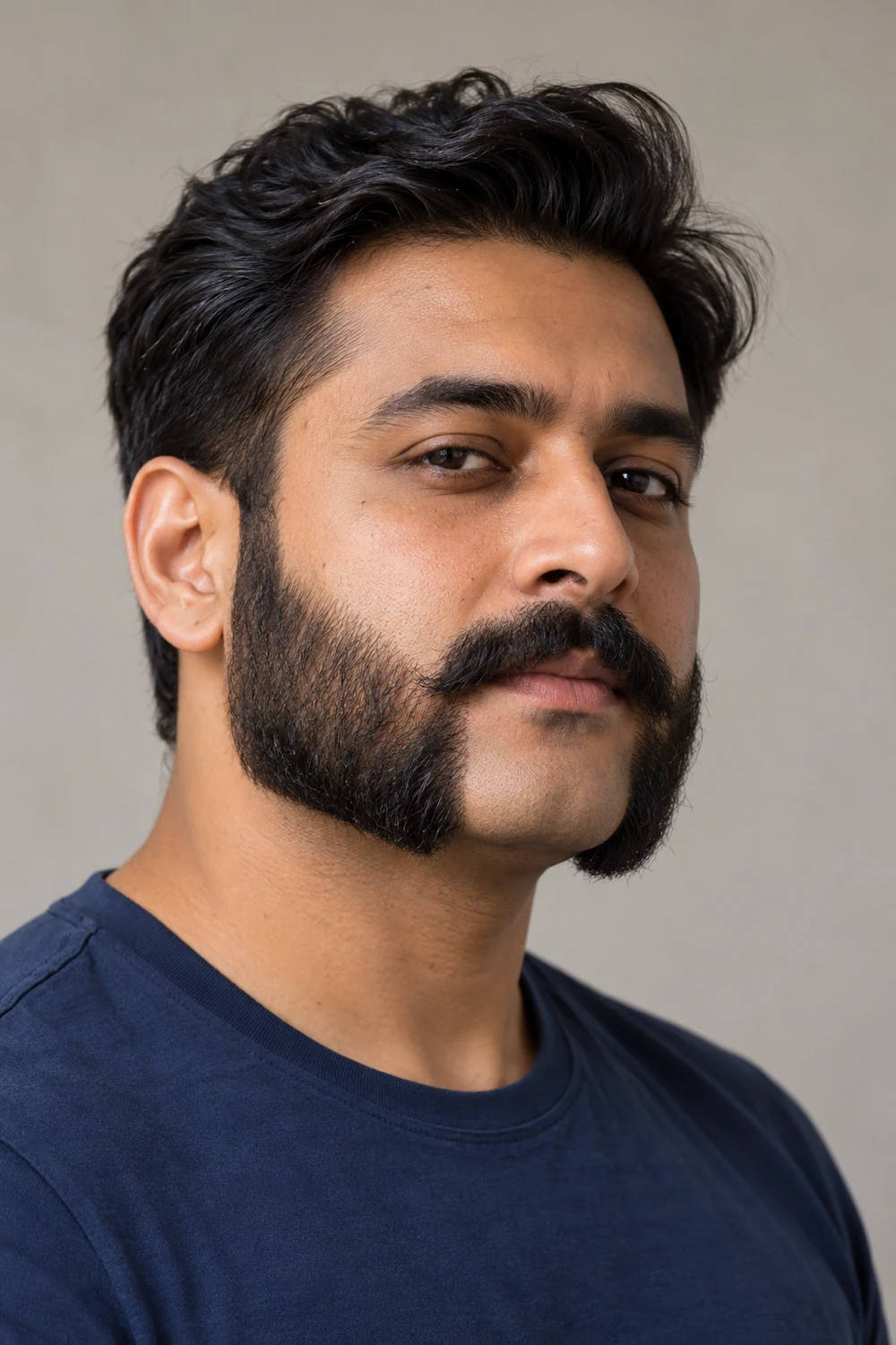 A man in a navy crew-neck shirt with broad, softly squared mutton chops, a separate mustache, and a clean-shaven chin.