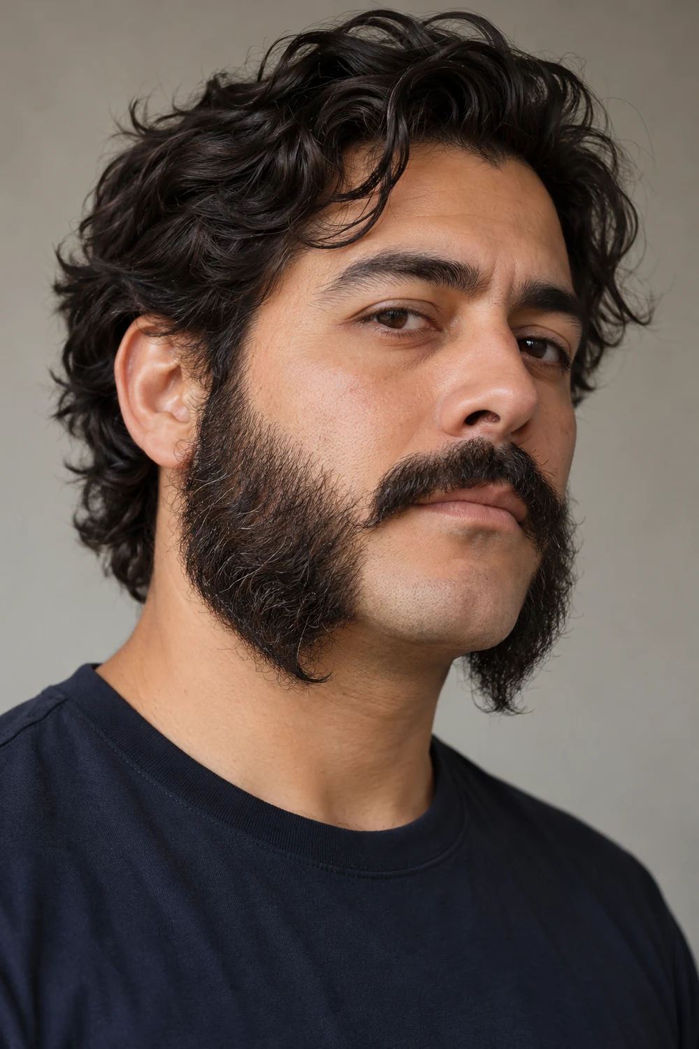 A fictional adult man with long dark mutton chop sideburns tapering below the jaw, a separate mustache, and a clean-shaven chin.