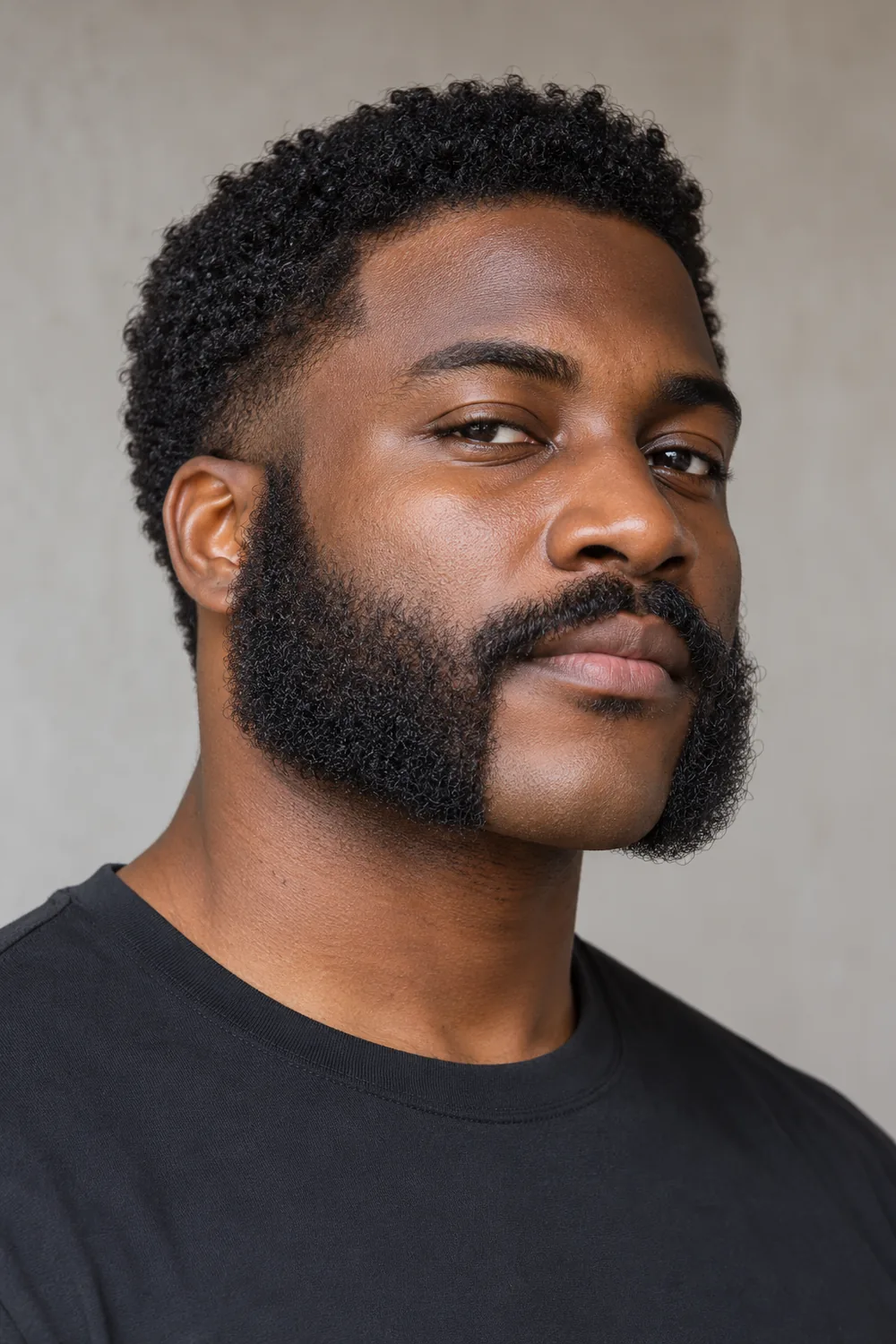 A man with rounded, tightly curled mutton chops and a short connected mustache, leaving his central chin clean.