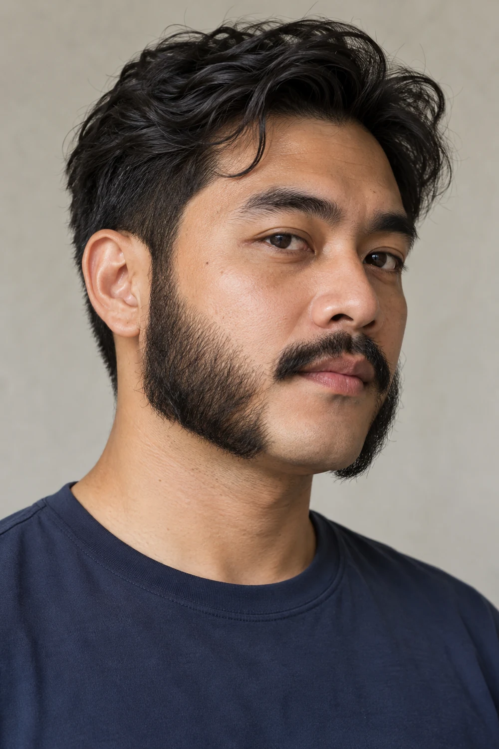 Three-quarter portrait of an adult man with broad black mutton chop sideburns tapering along the jaw, a separate short mustache, and a clean central chin.