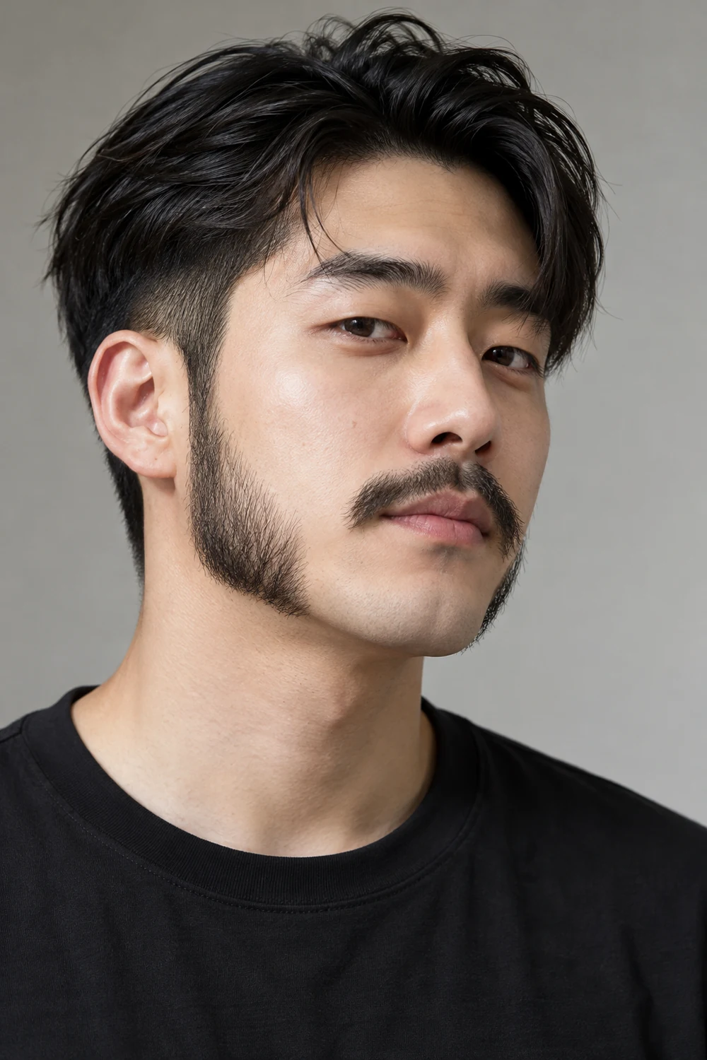 Slim mutton chops trace the cheeks with a separate narrow mustache and clean chin.