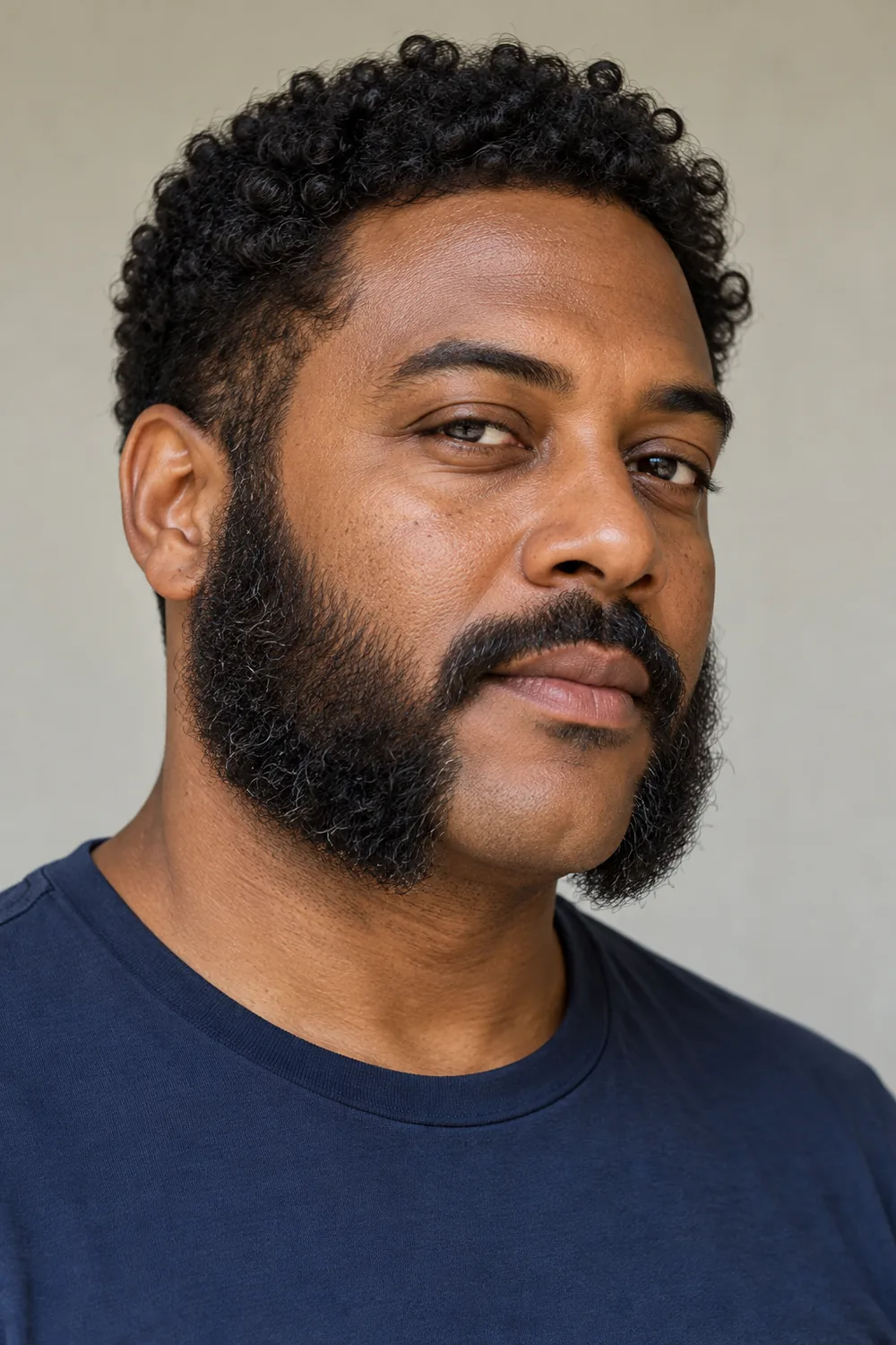 A man in a navy shirt with dense, wavy mutton chops, feathered jaw-length tips, a bare chin, and a disconnected mustache.