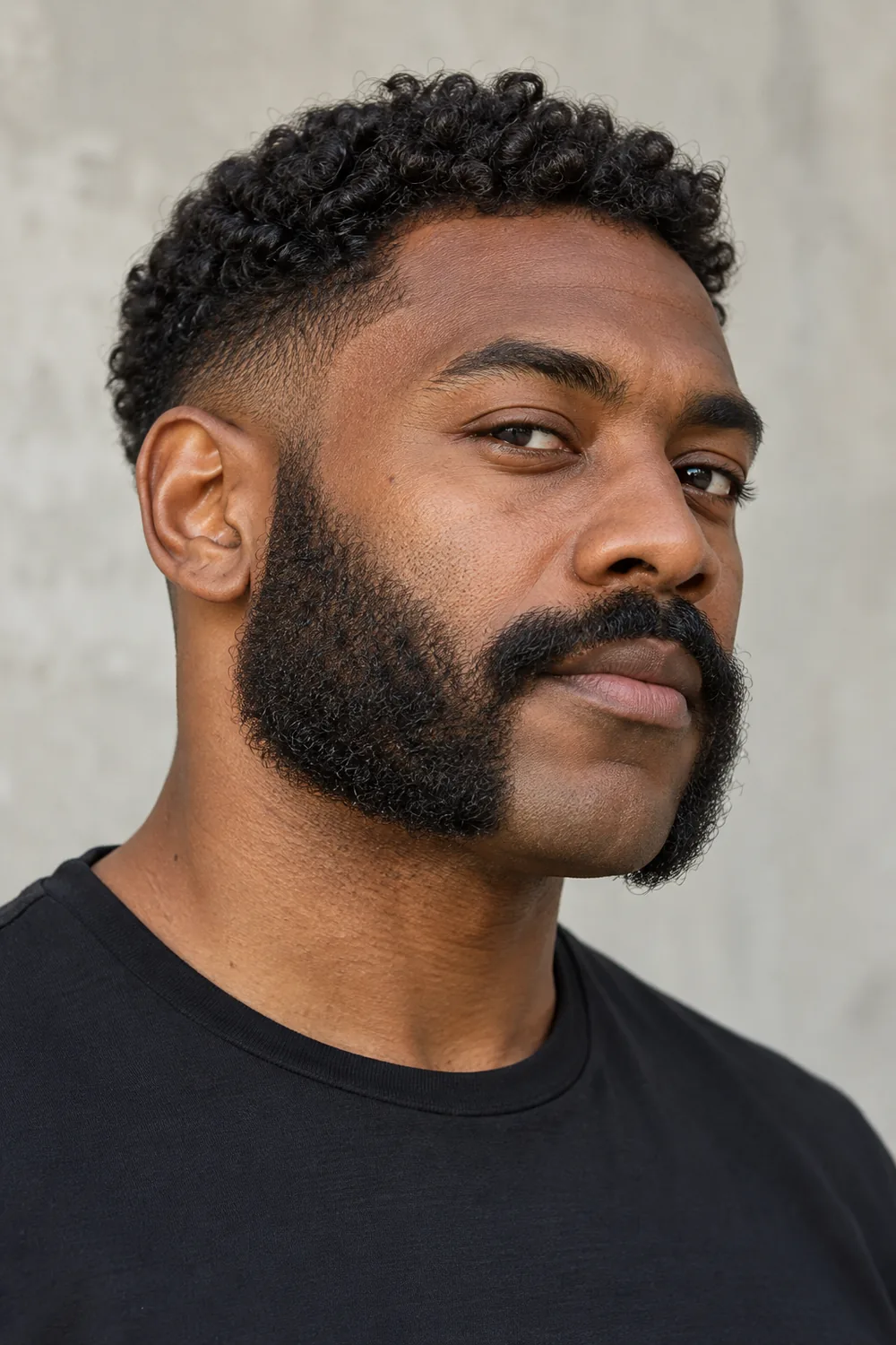 Three-quarter portrait of an adult Black man with broad, dense mutton chops, a short temple fade, connected mustache, and clean-shaven chin.