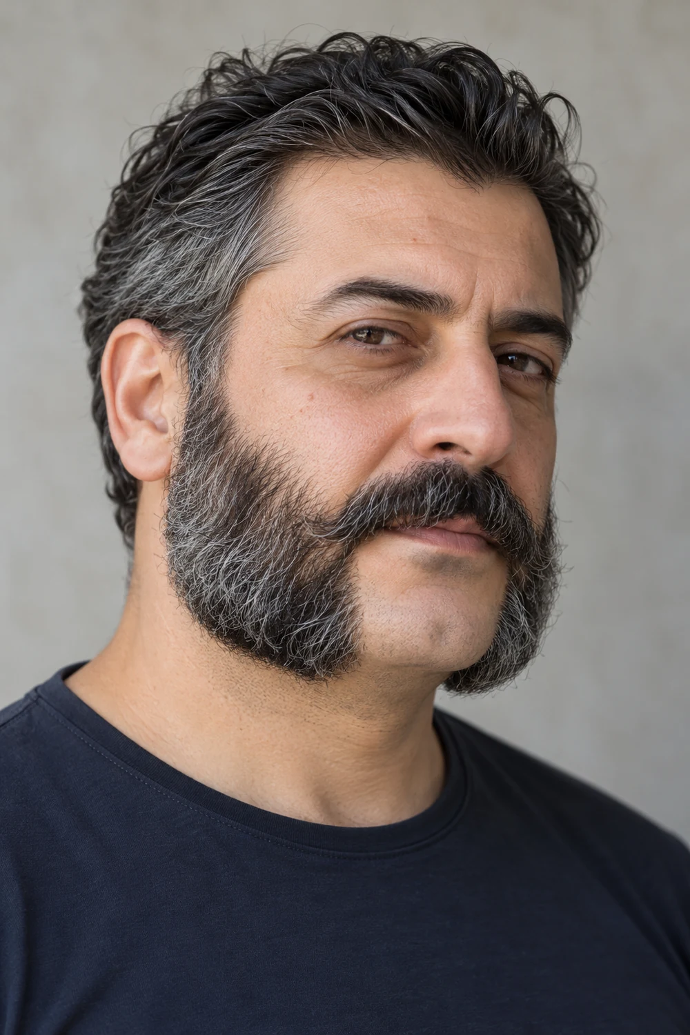 A Turkish man with broad, wavy salt-and-pepper mutton chops, curved cheek lines, a connected mustache, and a clean-shaven chin.