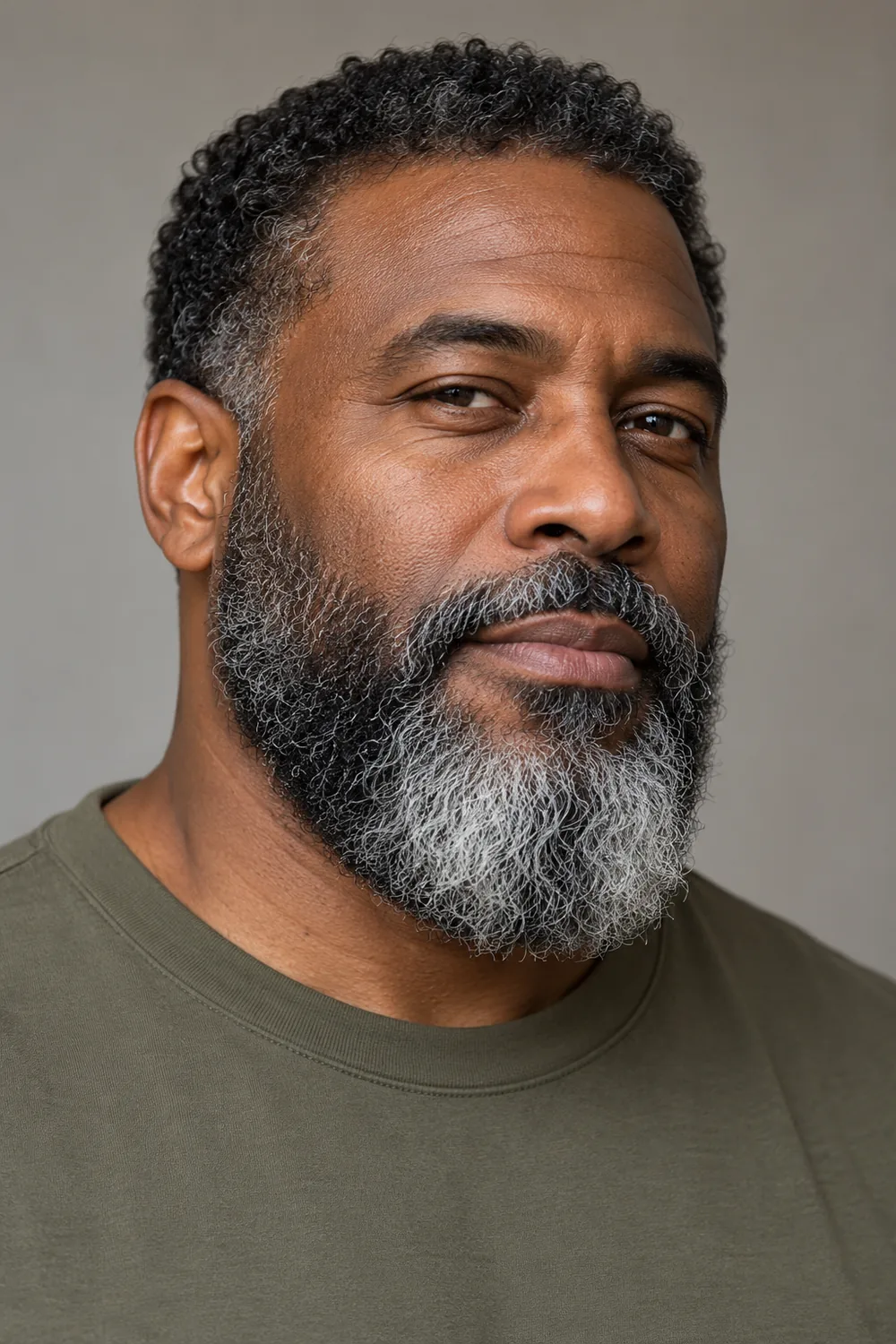 Three-quarter portrait of an adult Black man with a dense coily salt and pepper beard, softly curved cheek lines, and a rounded, gray-white chin.