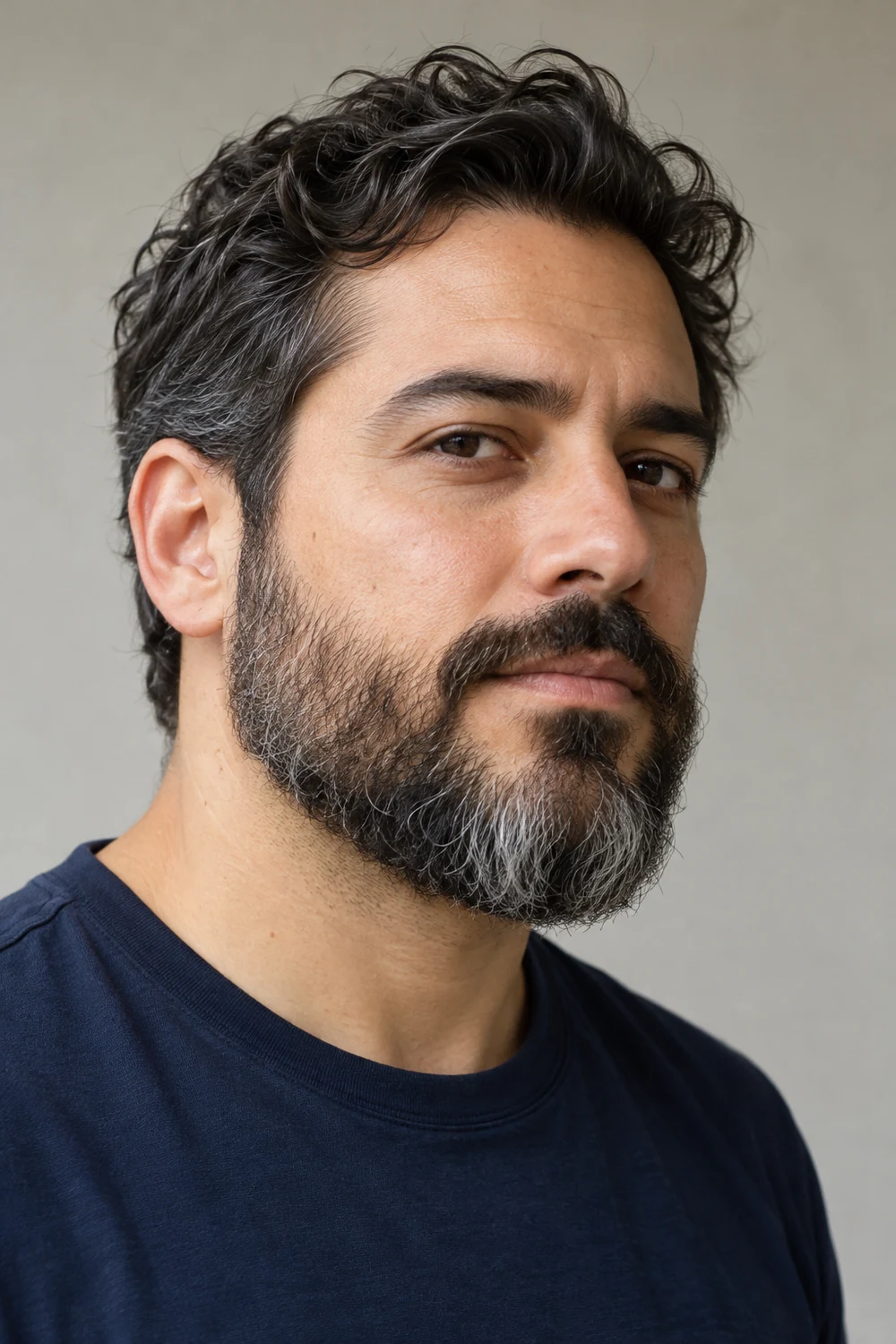 Three-quarter portrait of an adult man with a medium-length dark brown and gray beard, a softly lowered cheek line, tapered chin, and connected mustache.