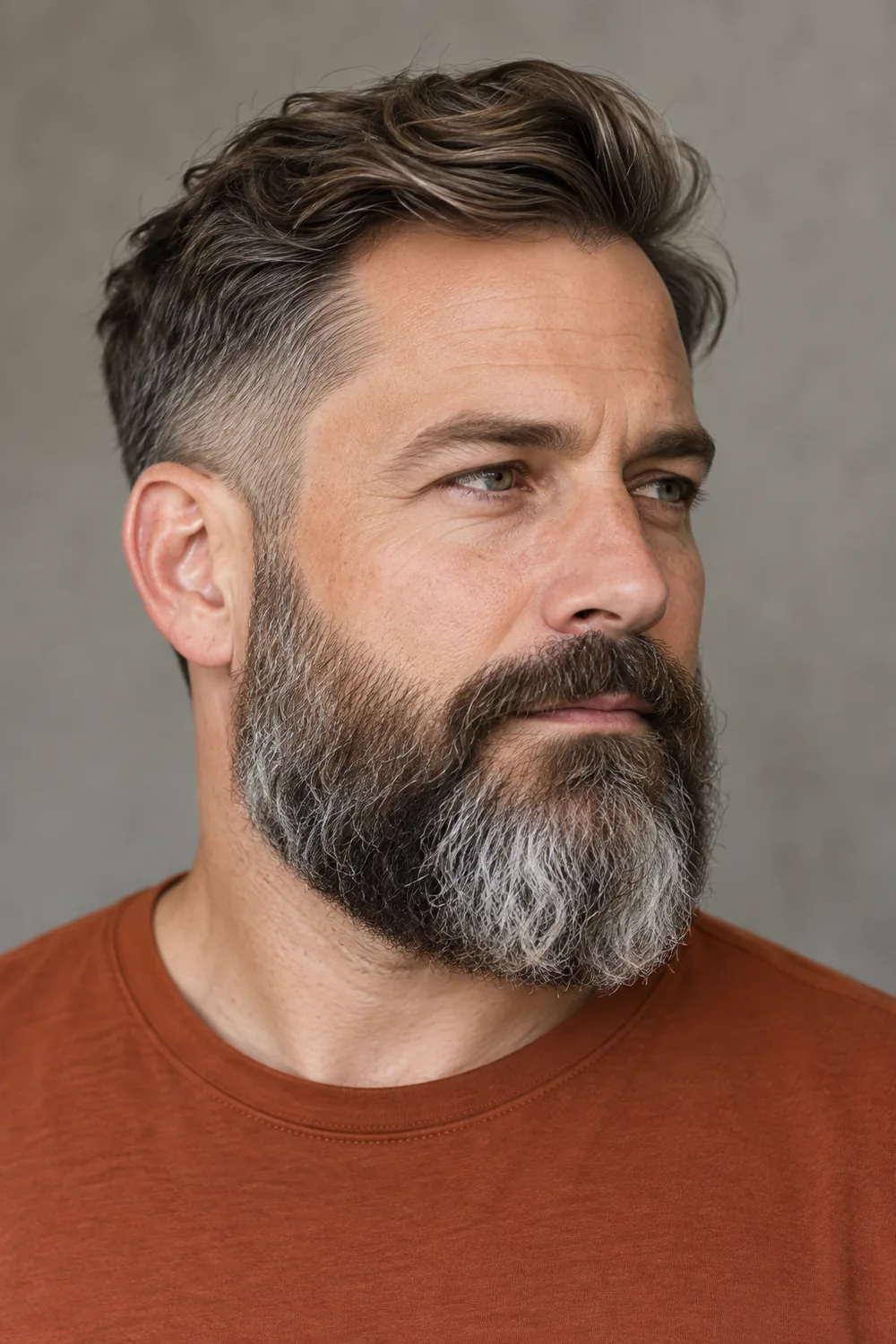 Three-quarter portrait of an adult man with a broad medium-length salt and pepper beard, high cheek line, low sideburn fade, and rounded chin.
