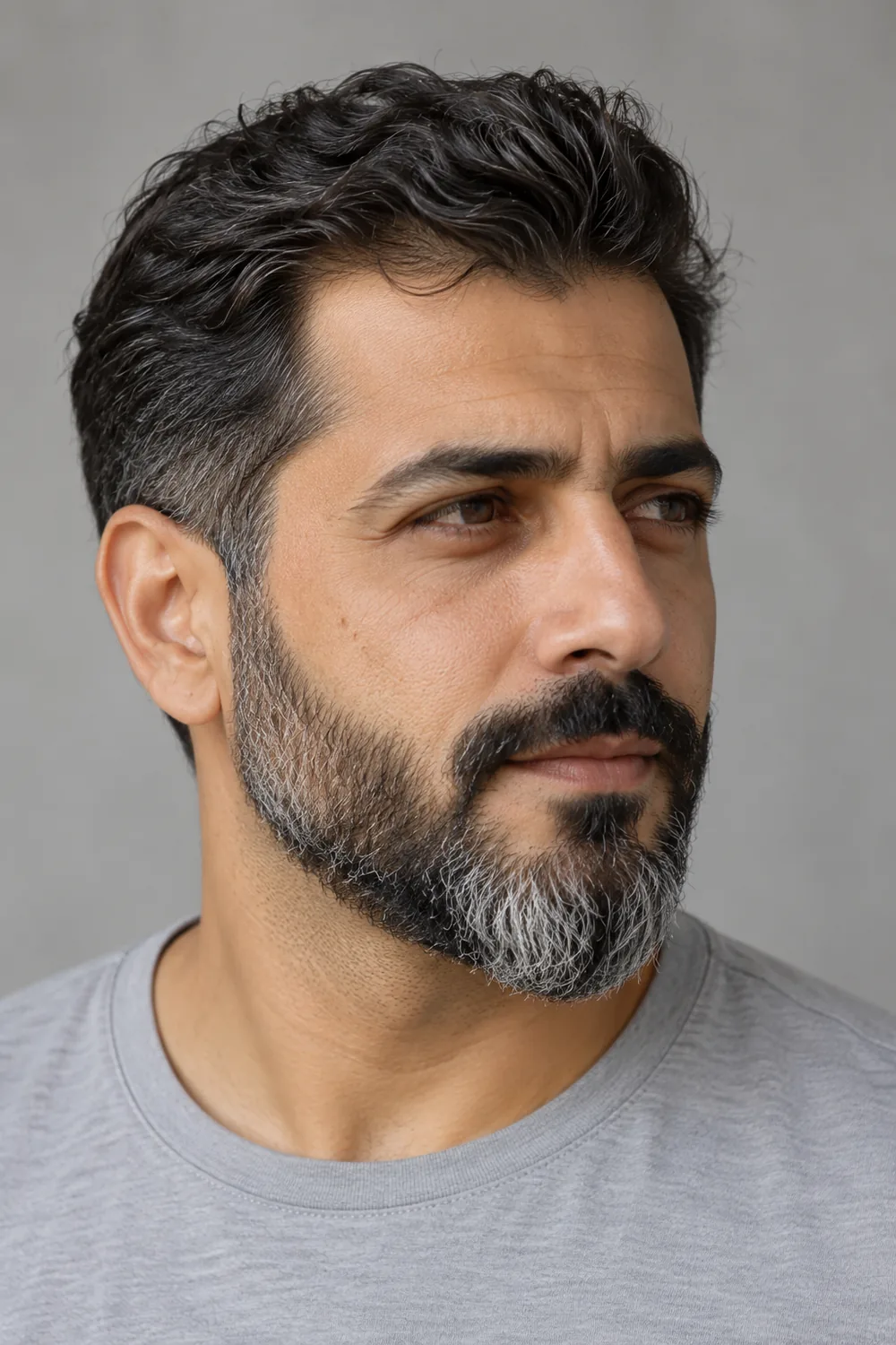 Three-quarter portrait of an adult man with a dark salt and pepper beard, silver strands concentrated at the chin, and a gently pointed shape.