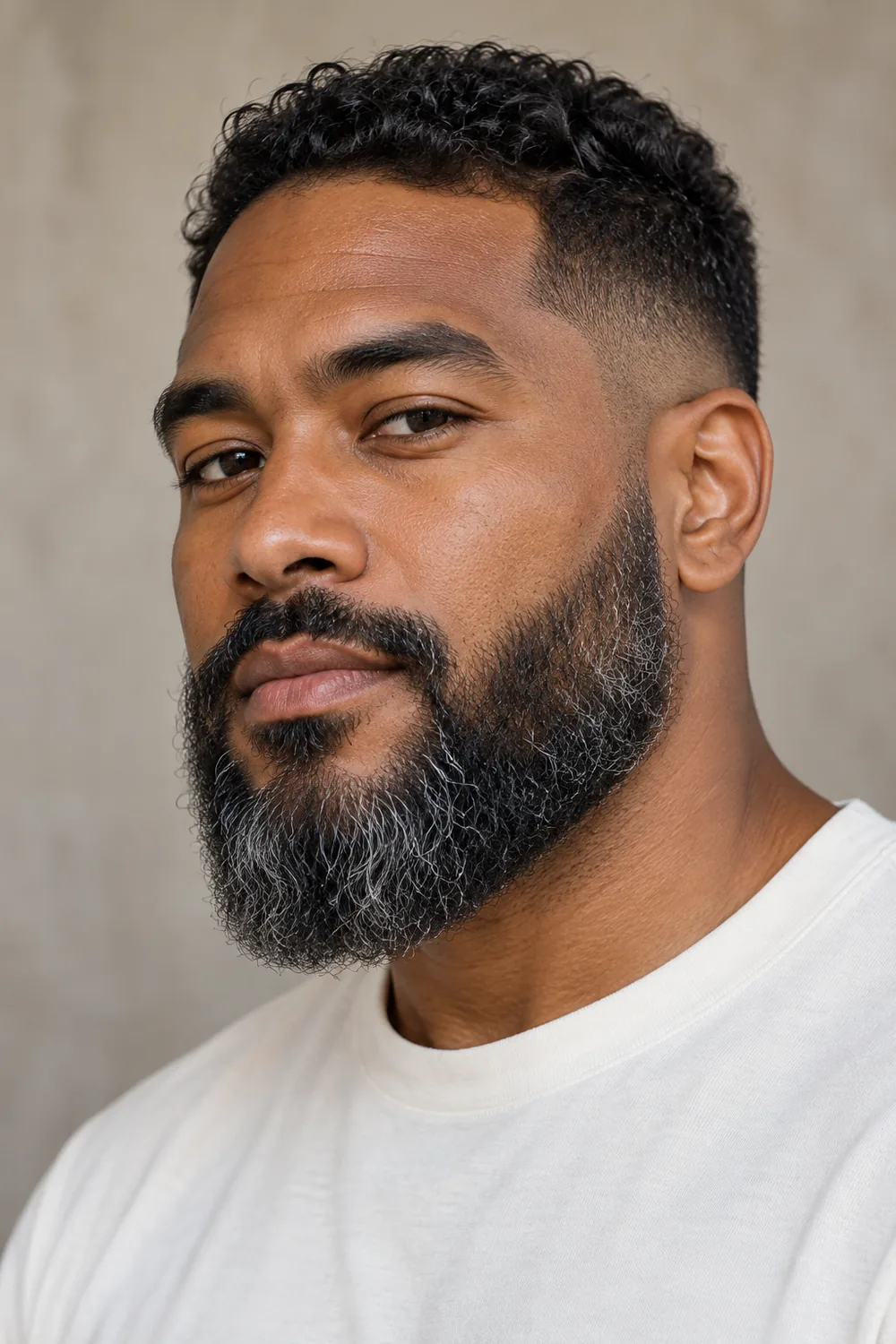 Three-quarter portrait of an adult man with a dense curly salt and pepper beard, connected mustache, and gradual low fade at the sideburns.