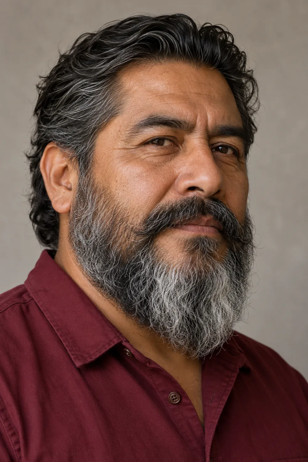 Three-quarter portrait of an adult man with a broad, full salt and pepper beard, rounded chin, connected mustache, and burgundy shirt.
