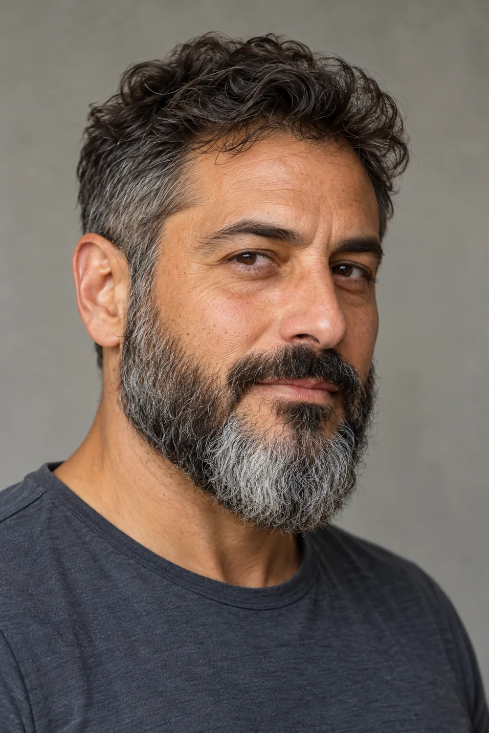 Three-quarter portrait of an adult man with a wavy salt and pepper beard, shorter cheeks, and a fuller gray chin.