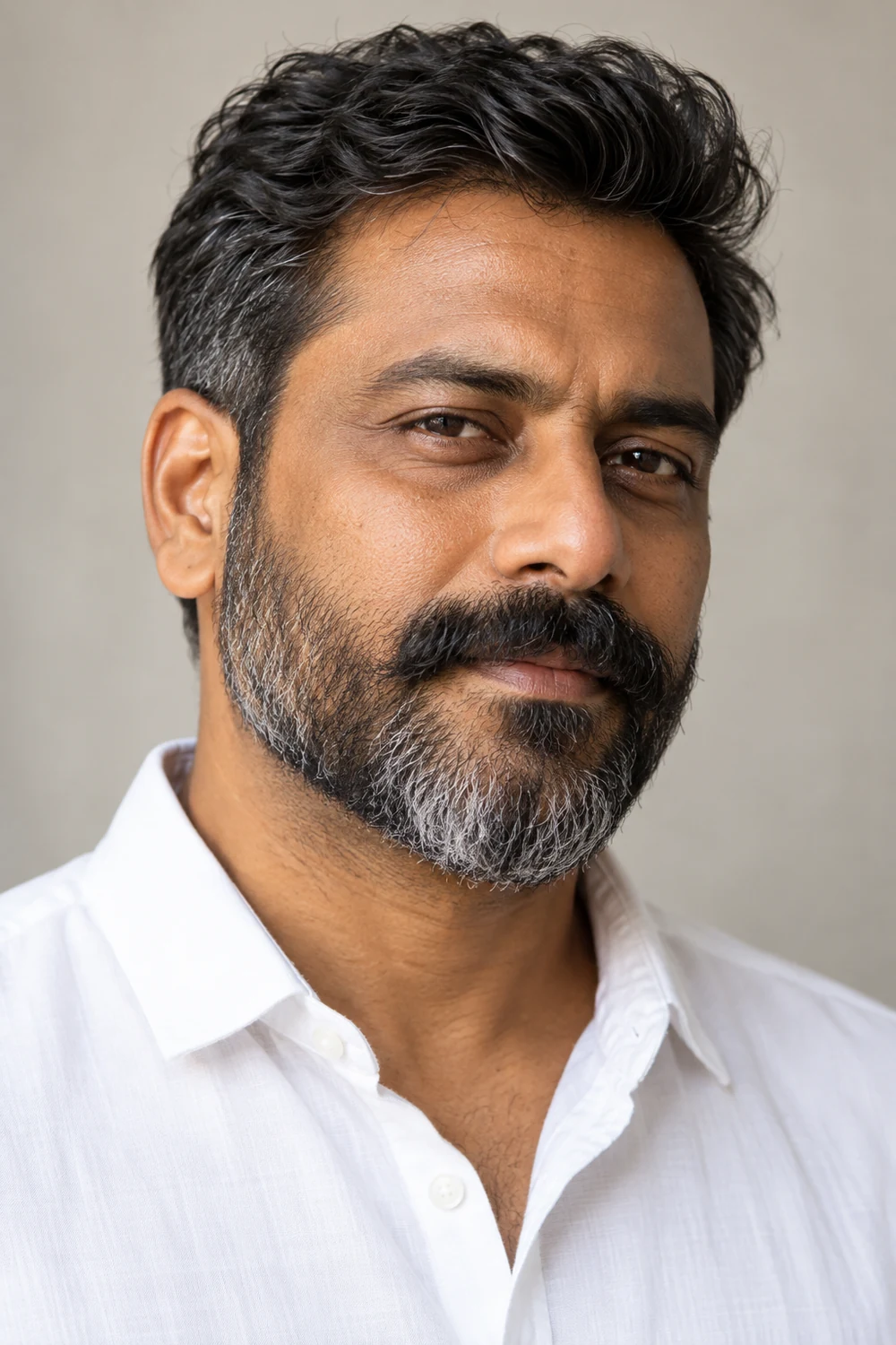 Adult South Asian man in a white shirt with a short dark salt and pepper beard and a fuller brushed mustache.