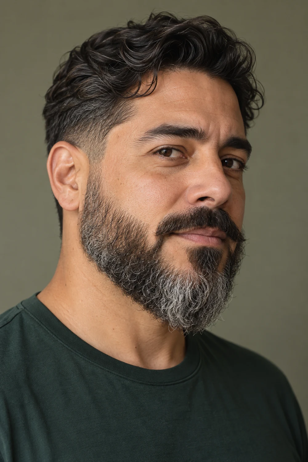 Three-quarter portrait of an adult man with a medium salt and pepper beard, silver concentrated at the chin, and a disconnected mustache.