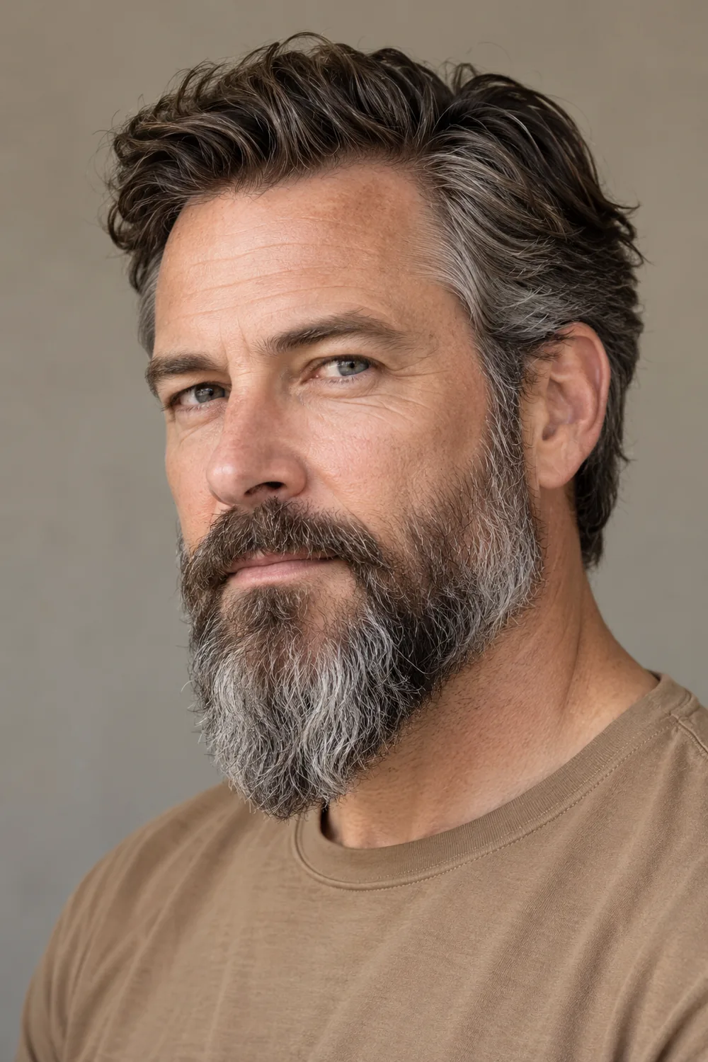A fictional adult man in a tan shirt wears a wavy salt and pepper beard, closely trimmed at the cheeks and longer at the softly rounded chin.