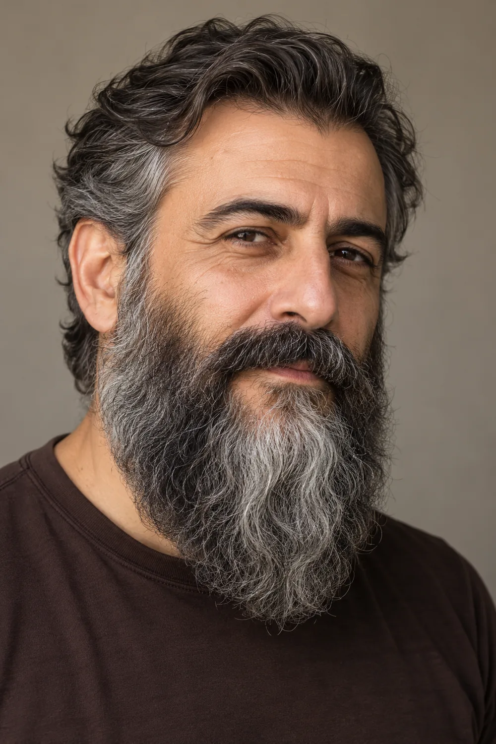 Three-quarter portrait of an adult man with a long, wavy salt and pepper beard, silver strands across the chin, and a connected mustache.
