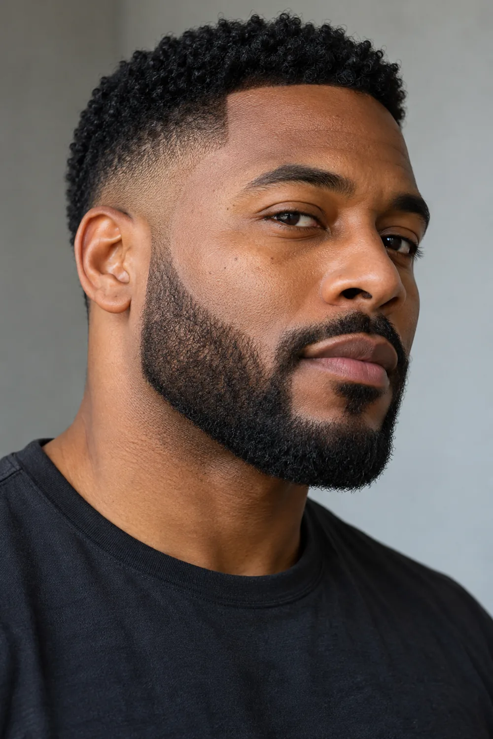 Three-quarter portrait of an adult Black man wearing a short, dense boxed beard with crisp high cheek lines, tapered sideburns, squared chin, clean neckline and connected mustache.