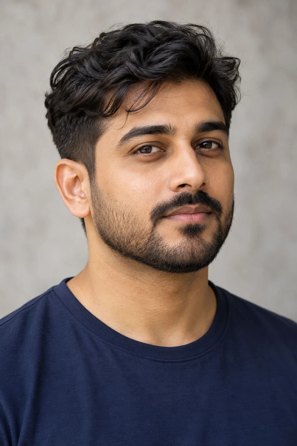 Three-quarter portrait of an adult South Asian man in a navy shirt, wearing a short beard with a low curved cheek line, rounded chin and connected slim mustache.