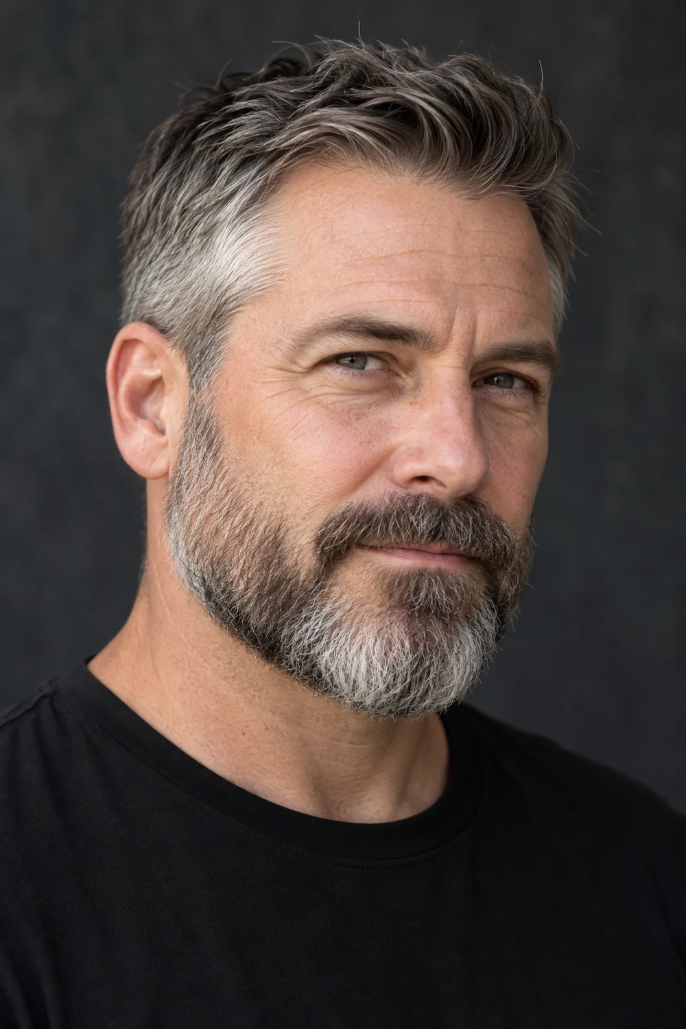 Adult man with a short salt-and-pepper beard featuring a broad rounded chin and connected fuller mustache, photographed in three-quarter view.