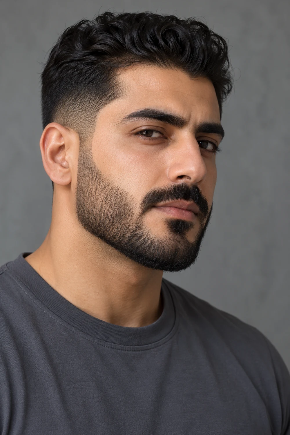 Three-quarter portrait of an adult man with a short, sharply edged beard, connected mustache, and slate-gray shirt.