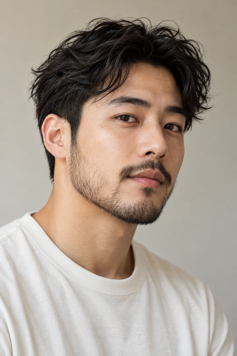 Three quarter portrait of an adult East Asian man wearing a short, lightly textured beard with feathered cheek edges, a rounded jawline and a subtly connected mustache.