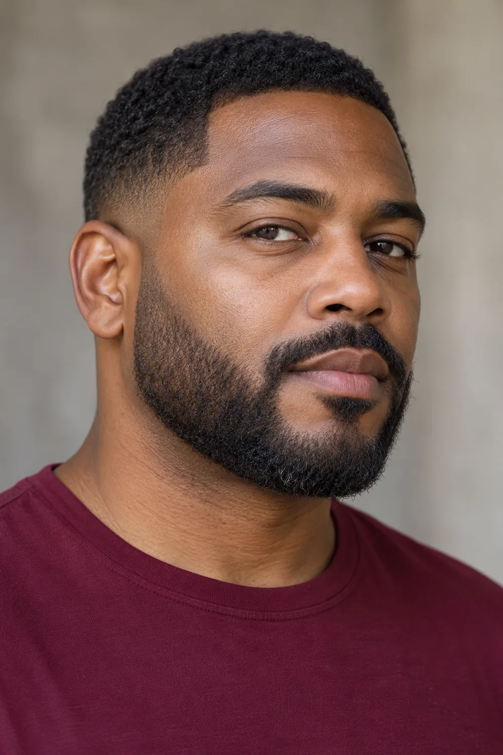 Three-quarter portrait of an adult Black man with a short, dense beard faded from the sideburns, a connected mustache, and a softly squared chin, wearing a burgundy shirt.