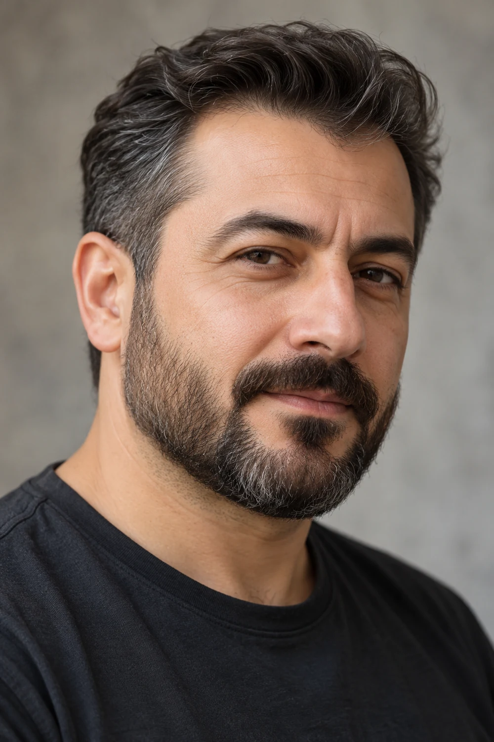 Three-quarter portrait of an adult man in a charcoal shirt, wearing a short rounded salt-and-pepper beard and a mustache separated by small shaved gaps.