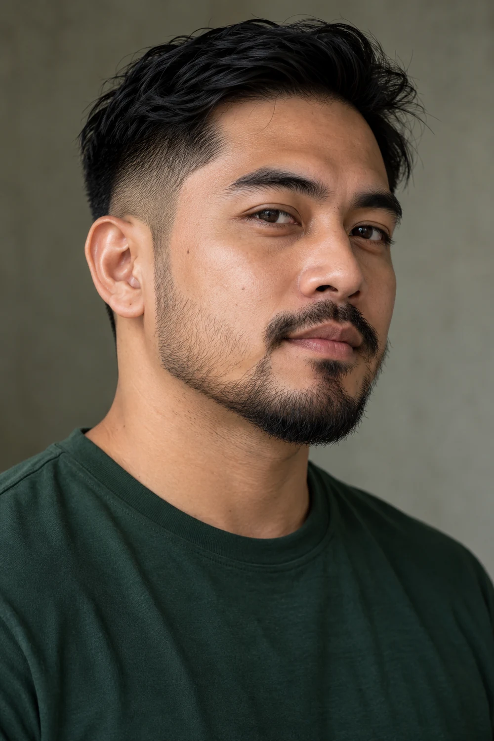 Three-quarter portrait of an adult man in a forest-green shirt, with close jaw sides, a fuller rounded chin beard, and a connected mustache.