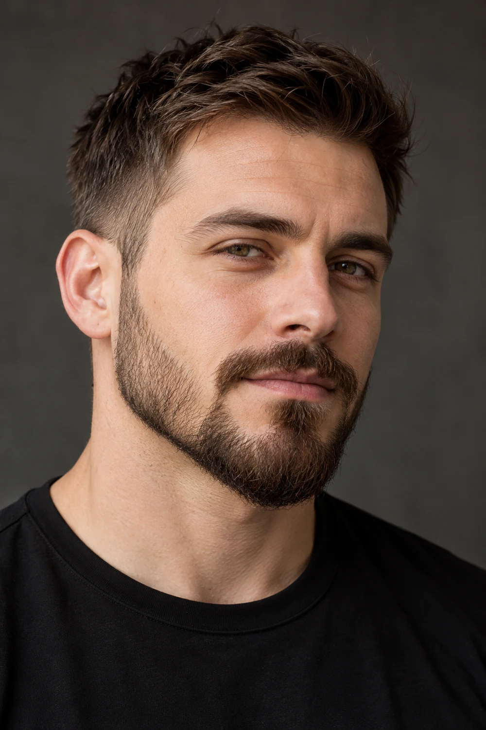 Adult man with a short chin-forward beard connected to a shaped mustache.