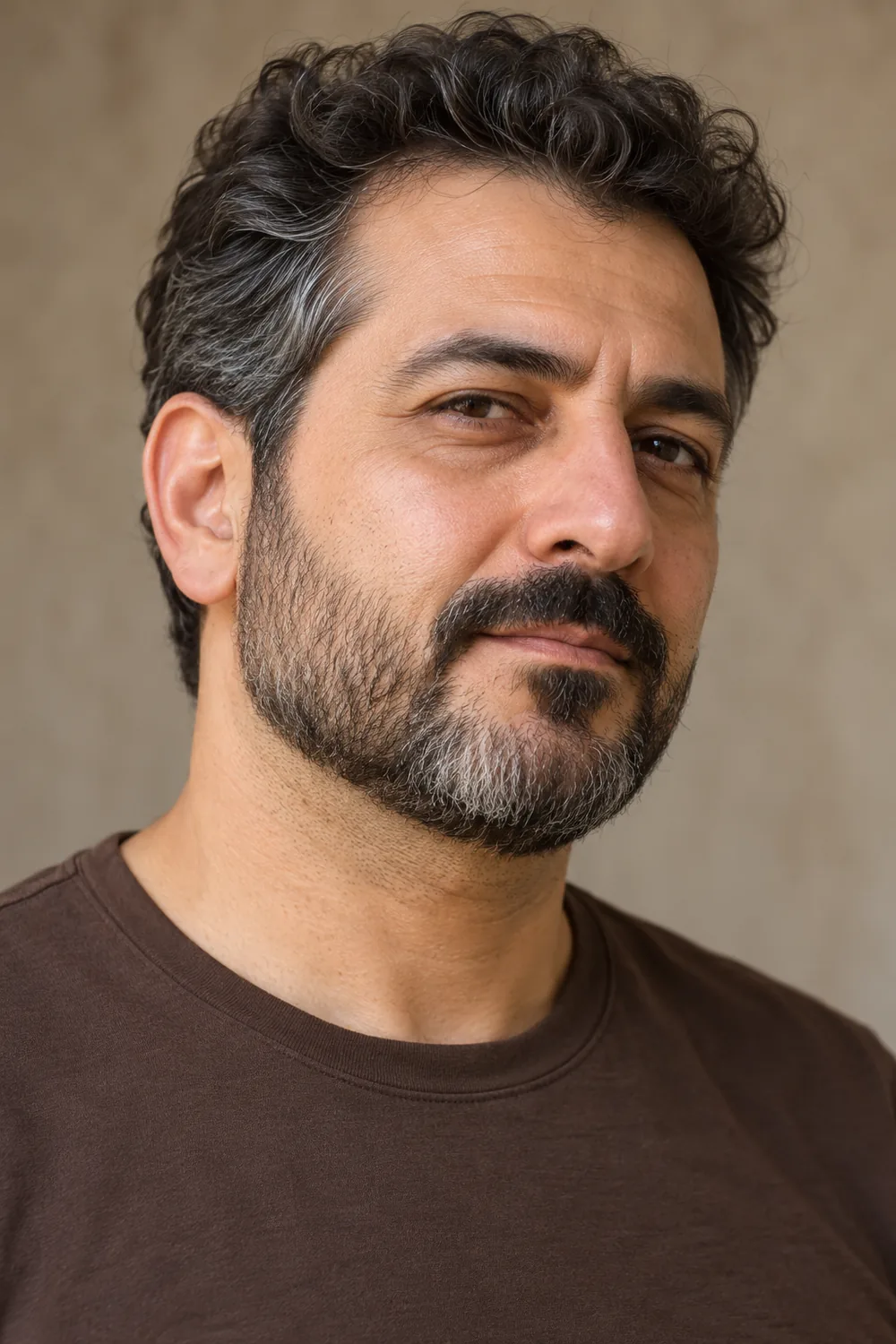Adult man with a short beard, soft cheek edge and natural low neckline.
