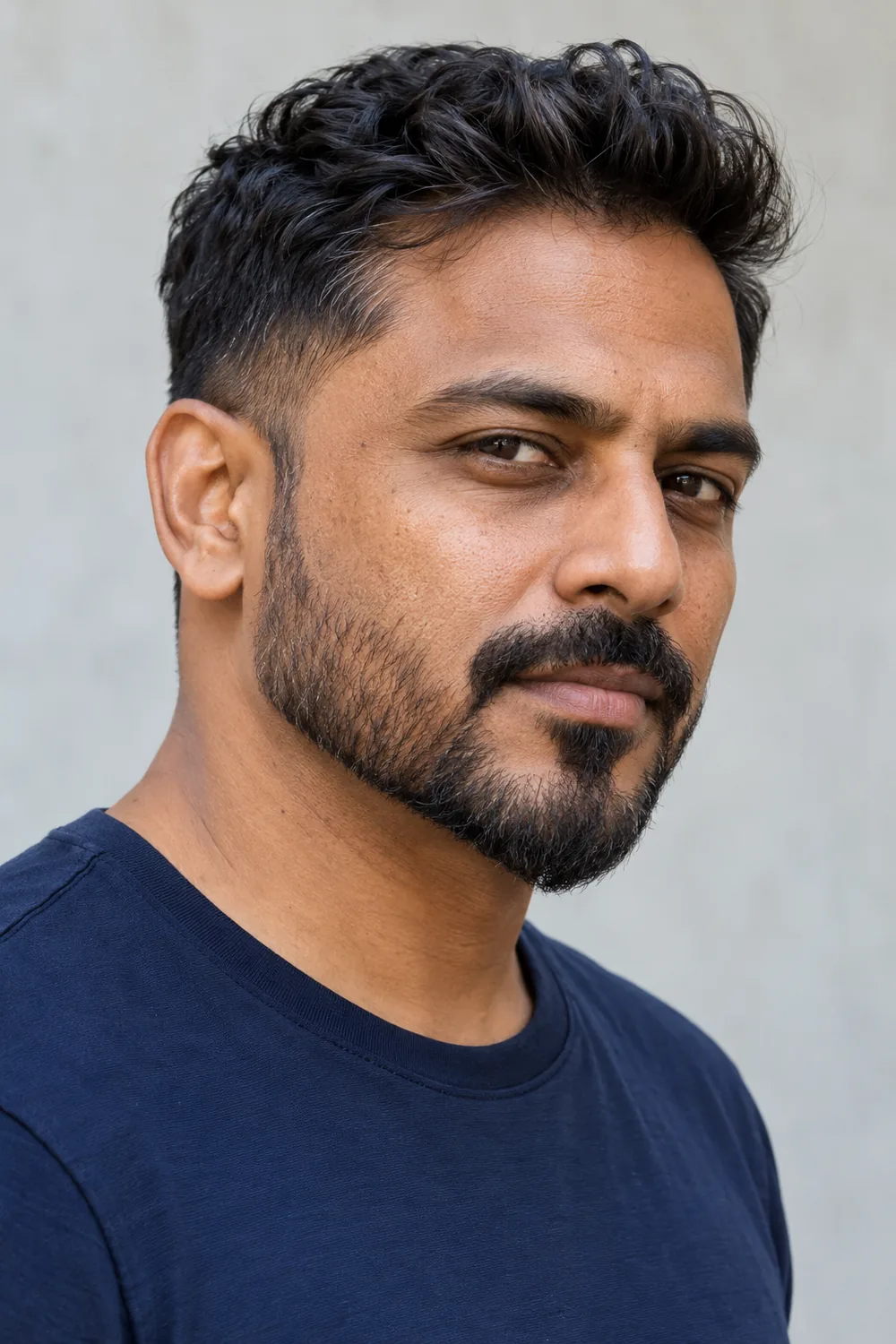 Three-quarter portrait of an adult South Asian man with a short tapered beard, clean cheek lines, connected mustache, and defined chin point.