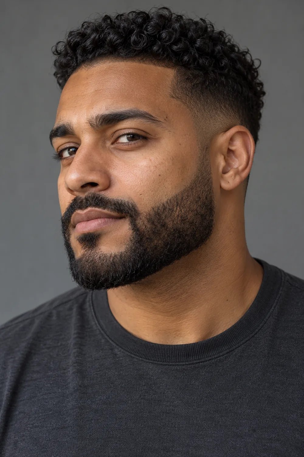 Three-quarter portrait of an adult man with a short boxed beard, crisp high cheek line, subtly tapered sideburns, softly squared chin, and connected mustache.