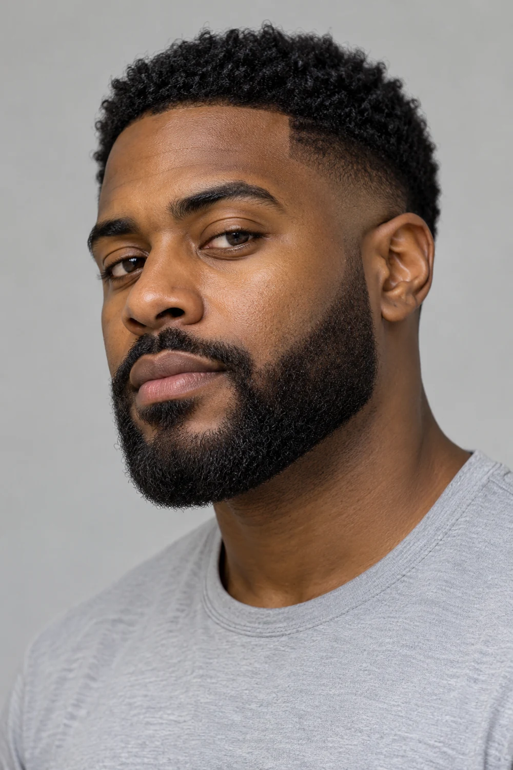 Adult man with deep brown skin and a short, dense black boxed beard, tapered at the upper cheeks and fuller along the jaw, with a rounded-square chin and connected mustache.