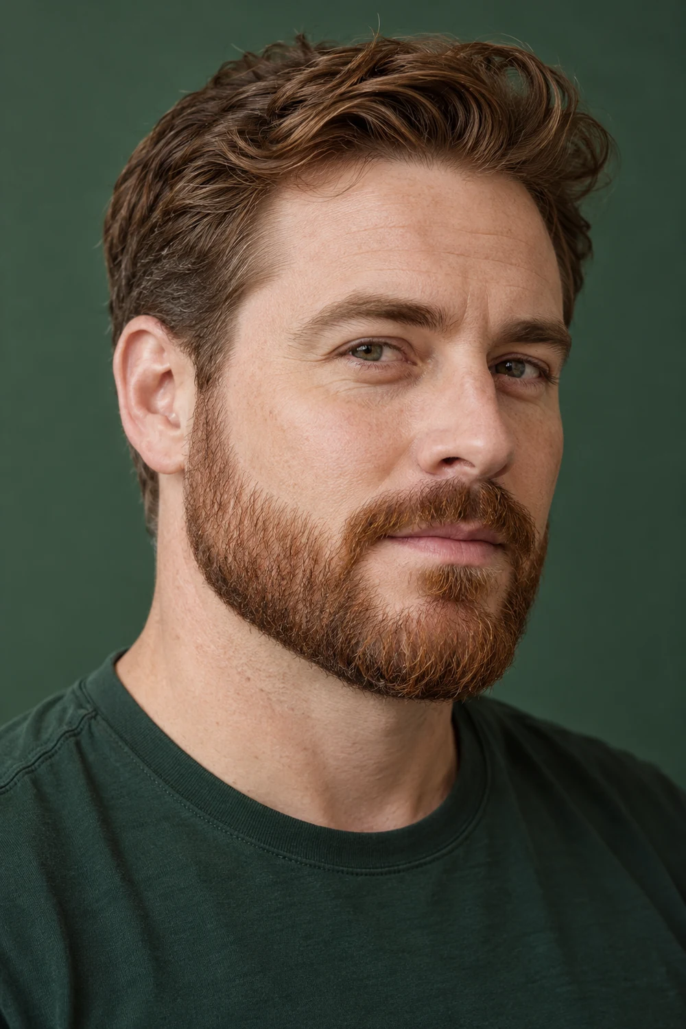 Three-quarter portrait of an adult man with a short auburn boxed beard, rounded chin, soft cheek line, clean neckline, and connected trimmed mustache.