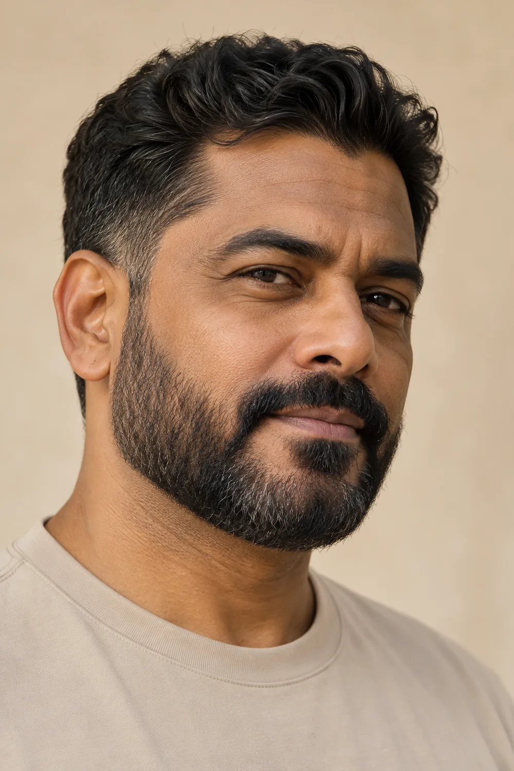 Three-quarter portrait of an adult man in a beige crewneck with a short, softly squared boxed beard, natural cheek line, subtle sideburn taper, and connected mustache.
