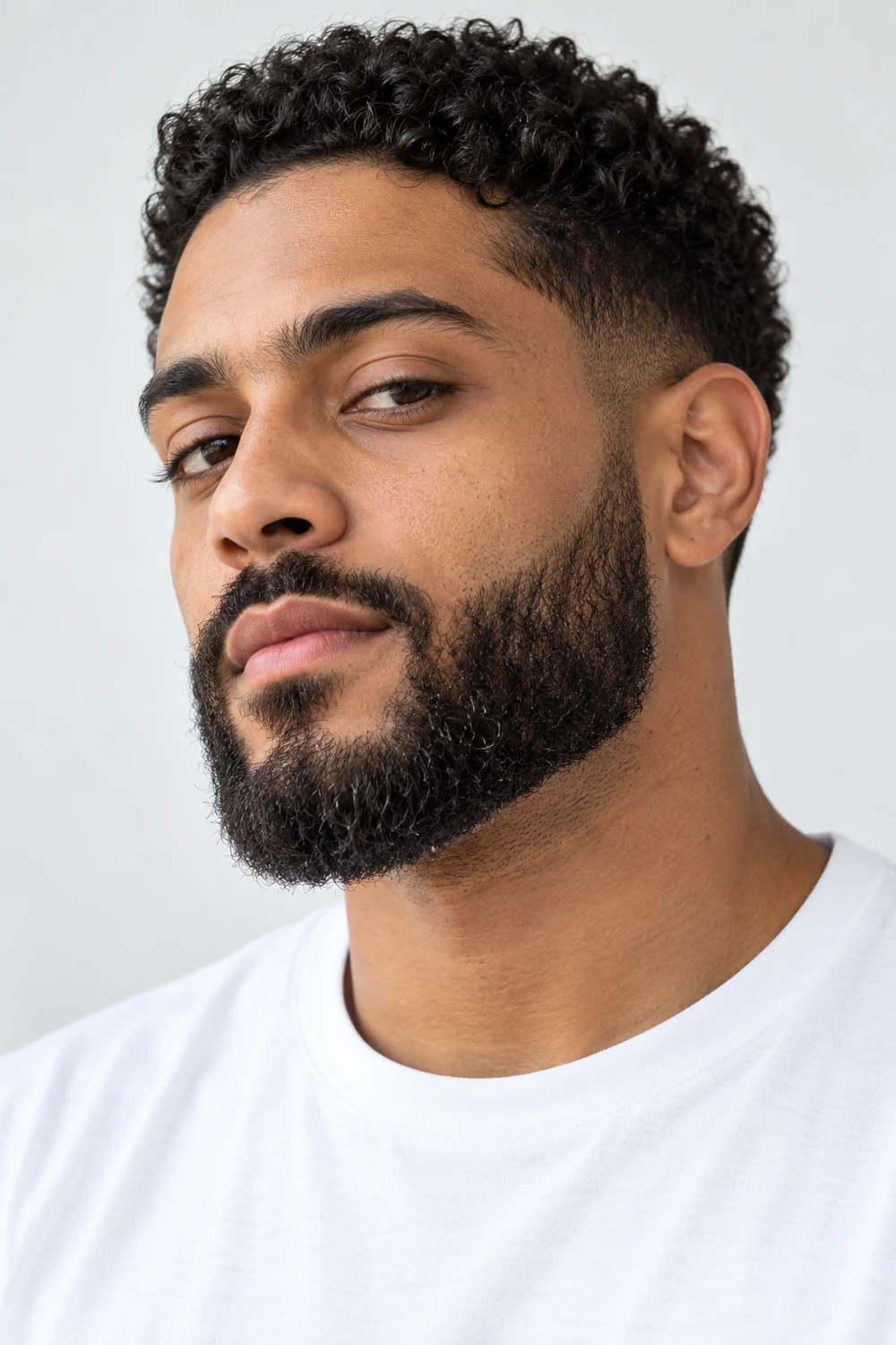Three-quarter portrait of an adult man with a short, dense boxed beard, curved cheek line, rounded chin and connected trimmed mustache.