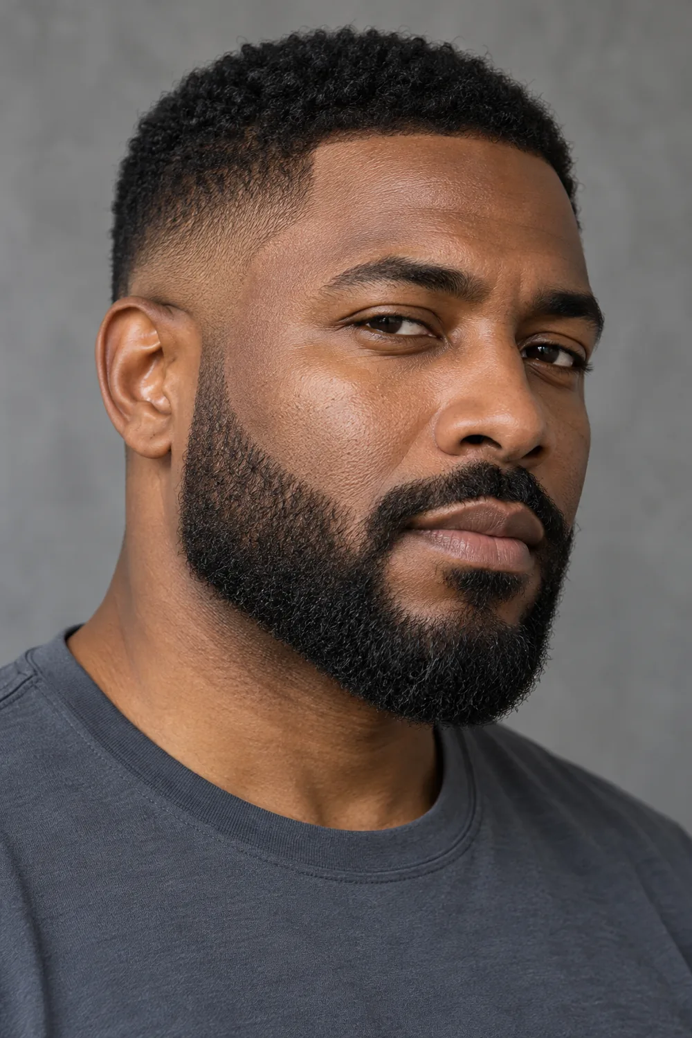 Three-quarter portrait of an adult man with dark skin, a dense short boxed beard, sharp cheek line, squared jaw outline, compact chin and connected mustache.