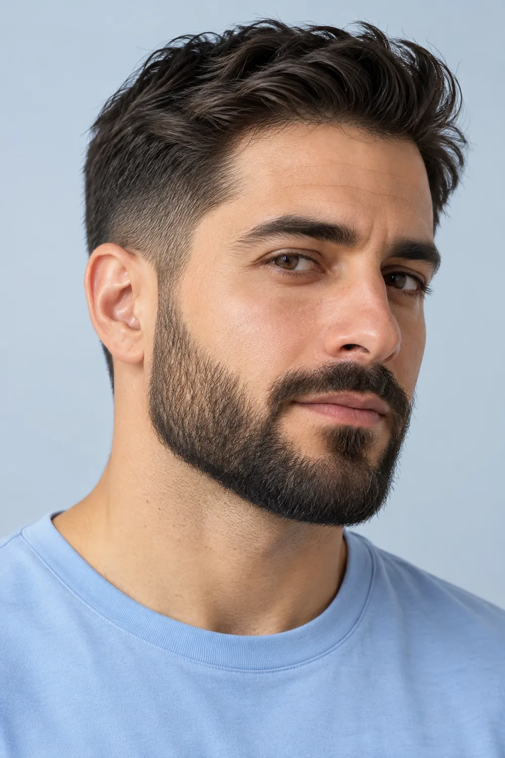 Three-quarter portrait of an adult man with a short boxed beard, subtle sideburn fade, clean cheek line, softly squared chin and narrow connected mustache.
