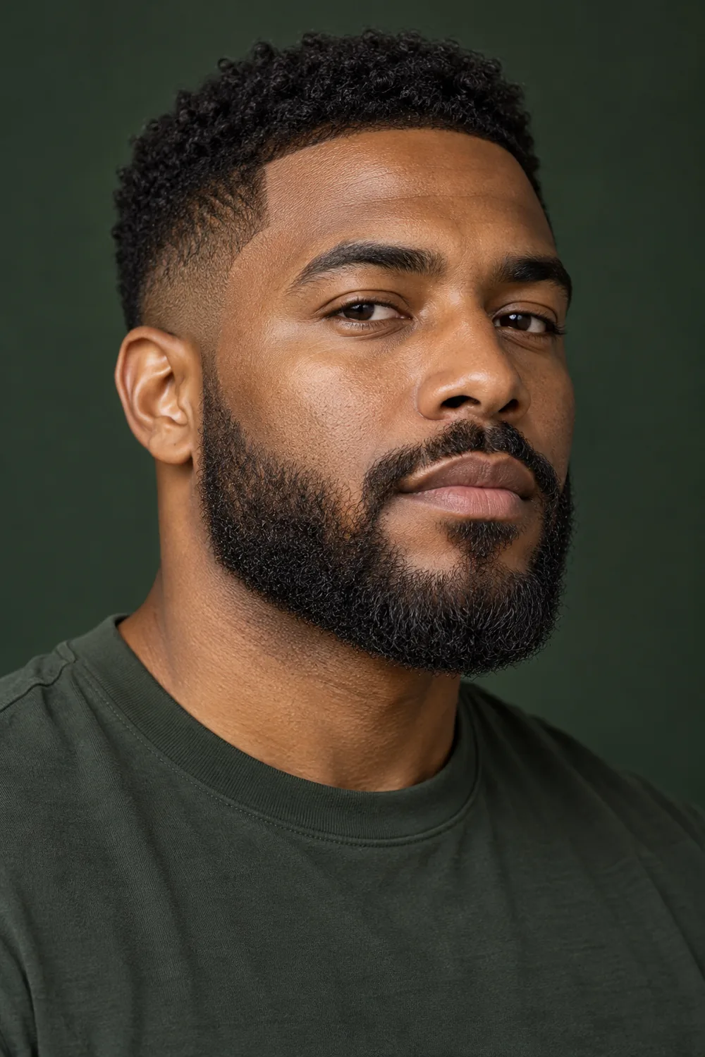 Three-quarter portrait of an adult man with a dense, naturally textured short boxed beard, softly groomed cheek line, rounded chin, low taper and connected mustache.