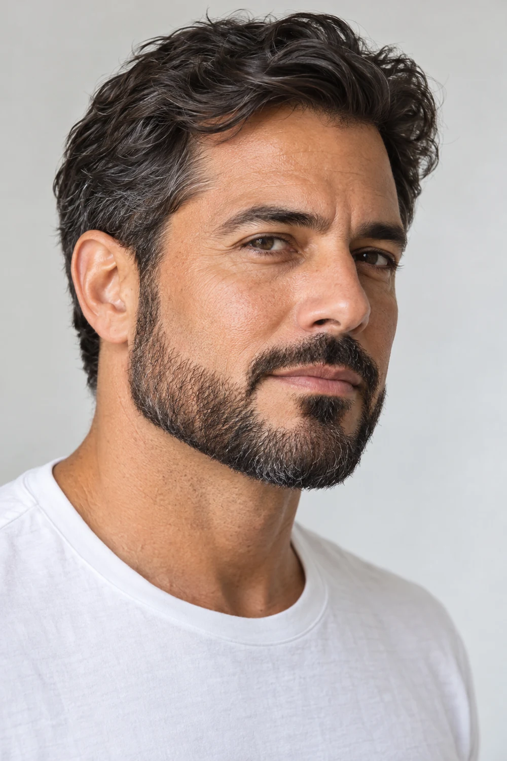 Three-quarter portrait of an adult man with a close short boxed beard, rounded-square chin, and a trimmed mustache separated by a narrow shaved gap.