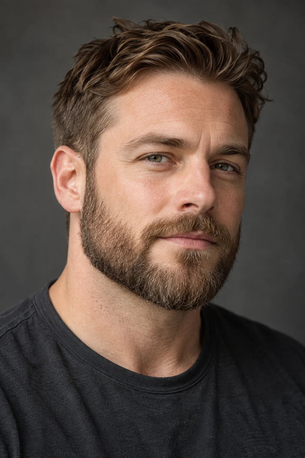 Adult man with a short boxed beard, slim mustache connections, softly angled cheek lines and square chin.