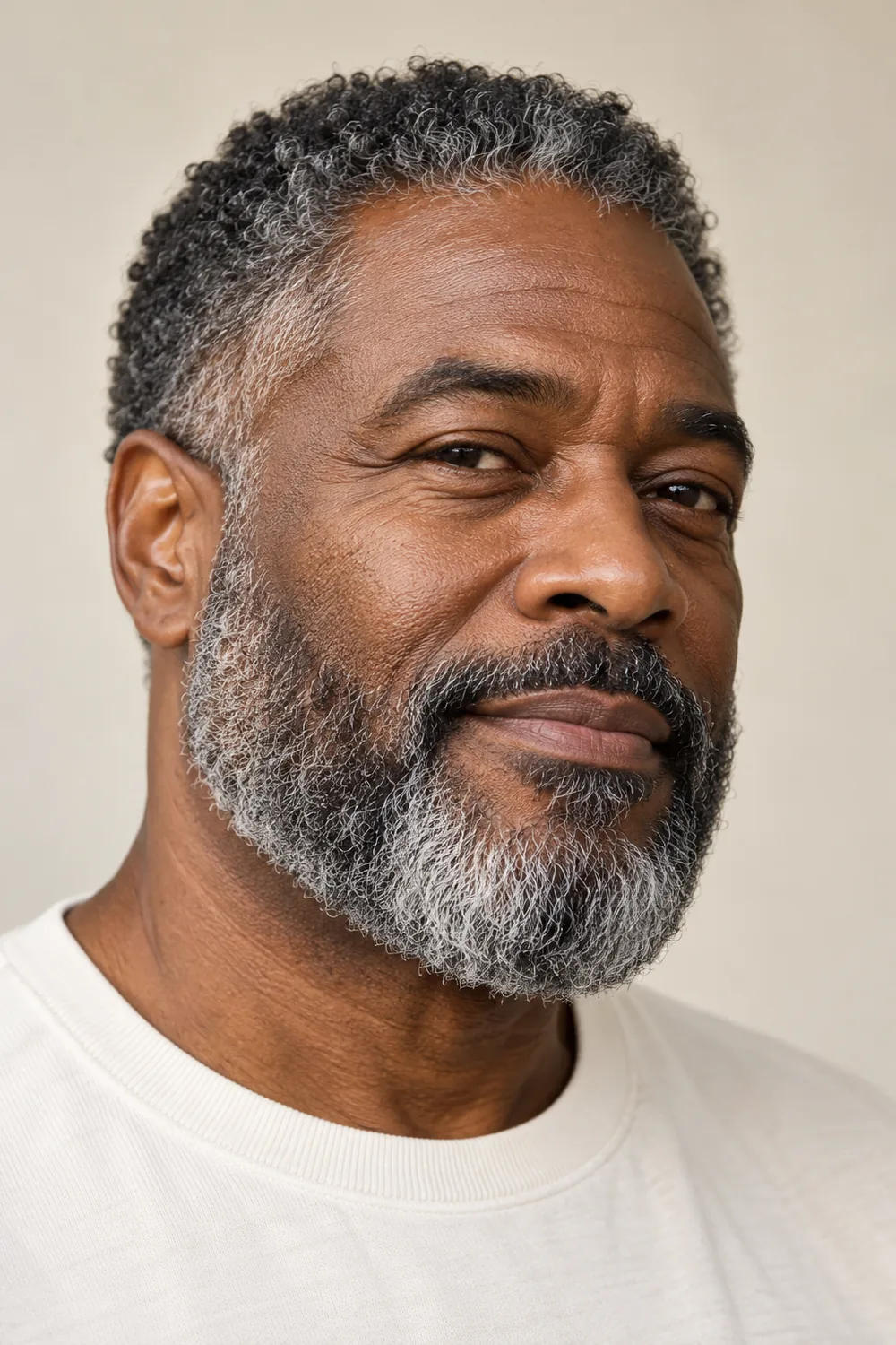 Adult man with deep brown skin and a fuller short boxed beard, soft cheek and chin edges, blended sideburns and a connected mustache.