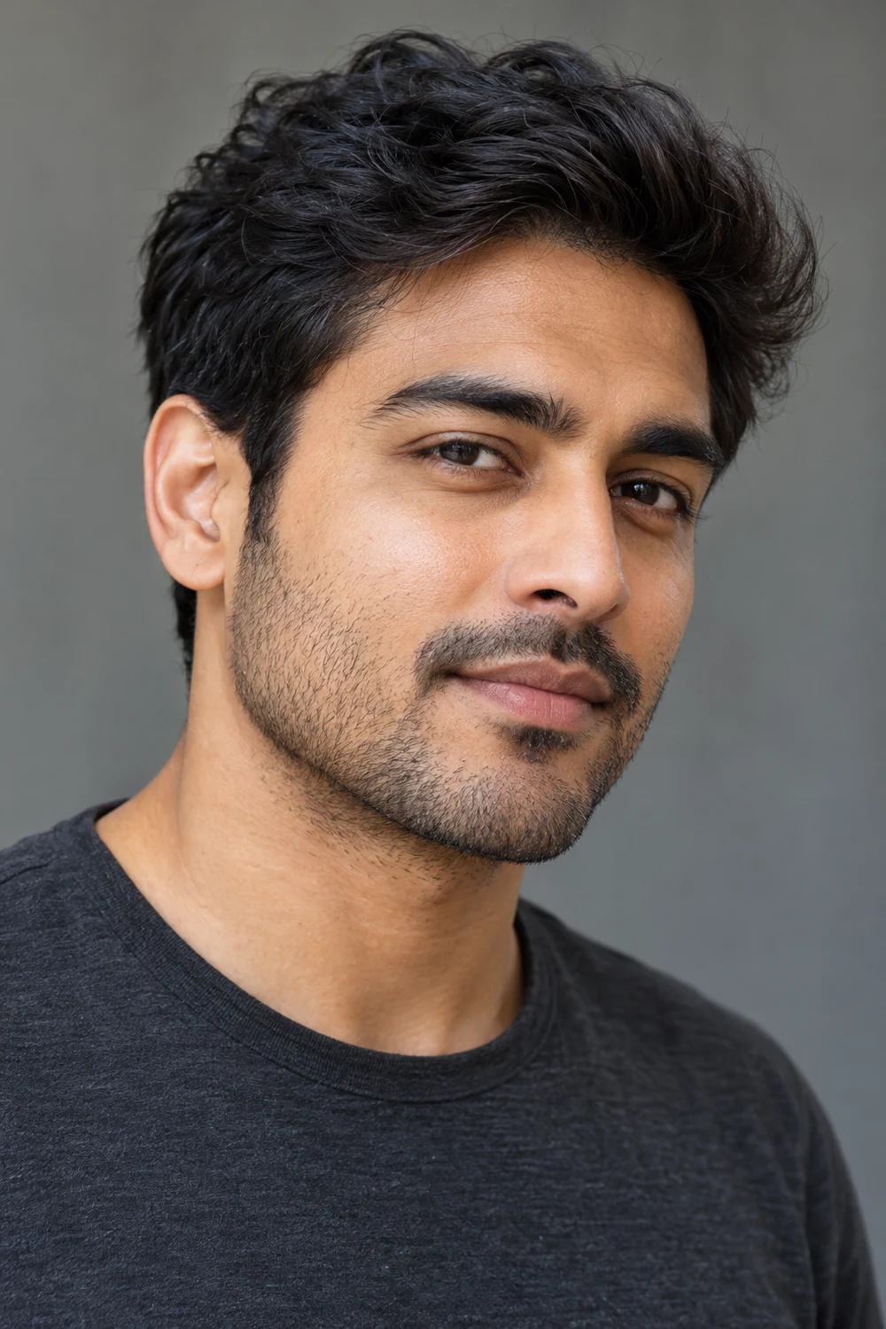 Fictional adult South Asian man with short, fine stubble, a soft cheek line and a lightly connected mustache, shown in a three-quarter portrait.